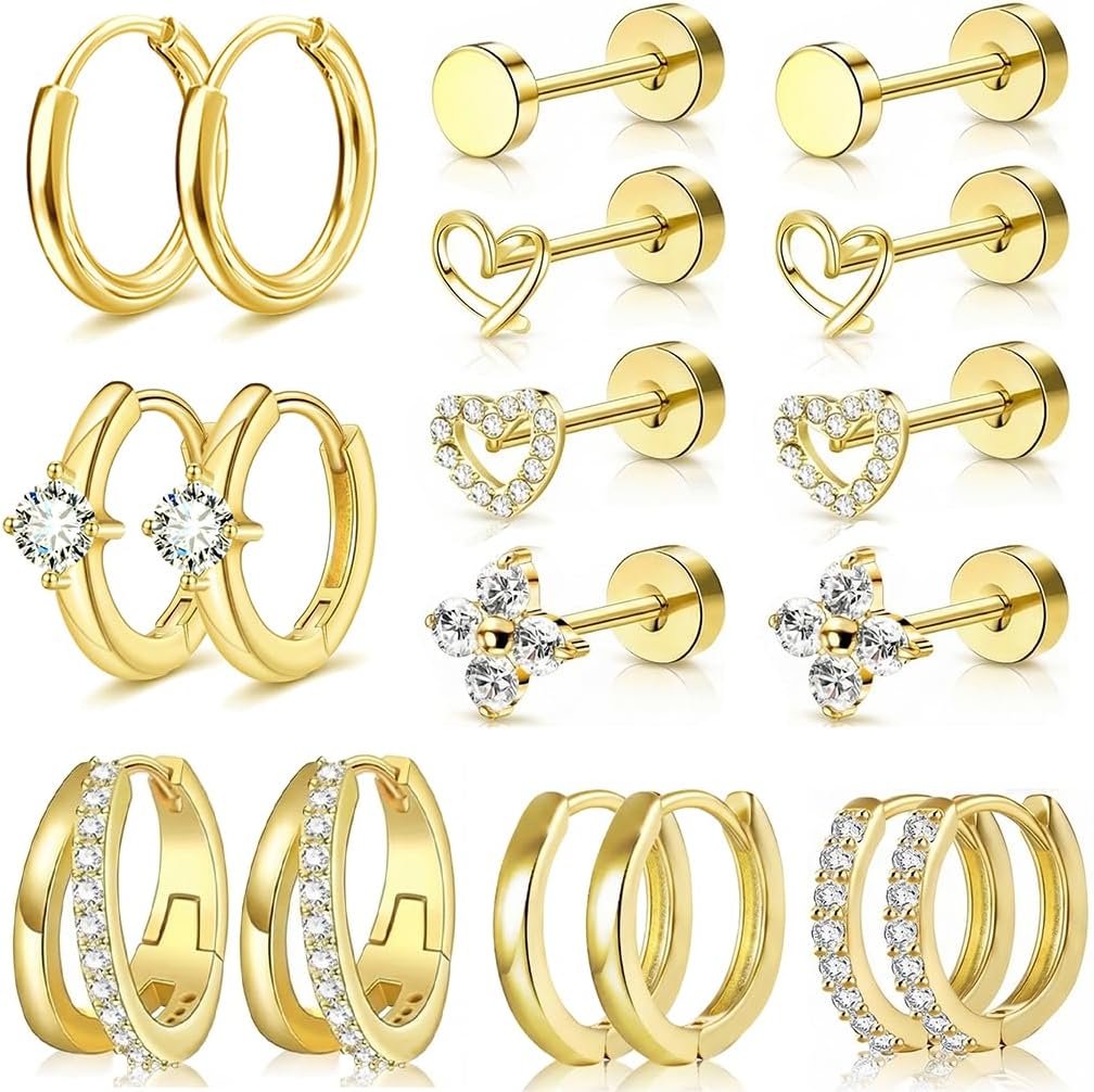 Nunpag 9 Pairs 14K Gold Plated Chunky Huggie Hoop Earrings Set for Women Hypoallergenic Stainless Steel Lightweight Small Earring Stacks for Multiple Piercings Non Tarnish Jewelry Gift Twisted 8-12mm