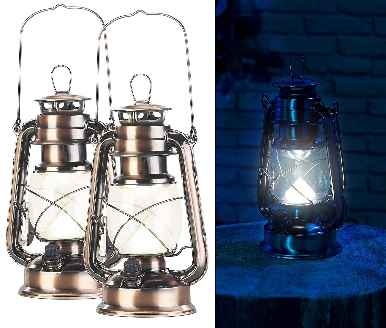 Lunartec Sturmlaterne Akku: 2er-Set helle LED-Sturmlampen mit Akku, 200 lm, 3W, warmweiß, Bronze (dimmbare LED-Sturmlampe mit, helle Lampen wiederaufladbar, Zelt)