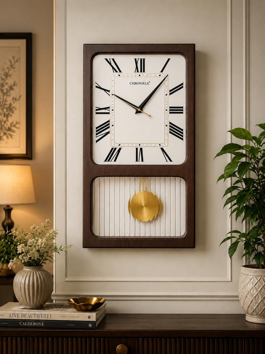 CHRONIKLE Wooden Pendulum Wall Clock for Living Room | Silent Sweep Non-Ticking Movement | Vintage Roman Figure Dial | Decorative Brown Wooden Wall Clock | 18.5 x 10.5 Inch | Battery Operated-image-34