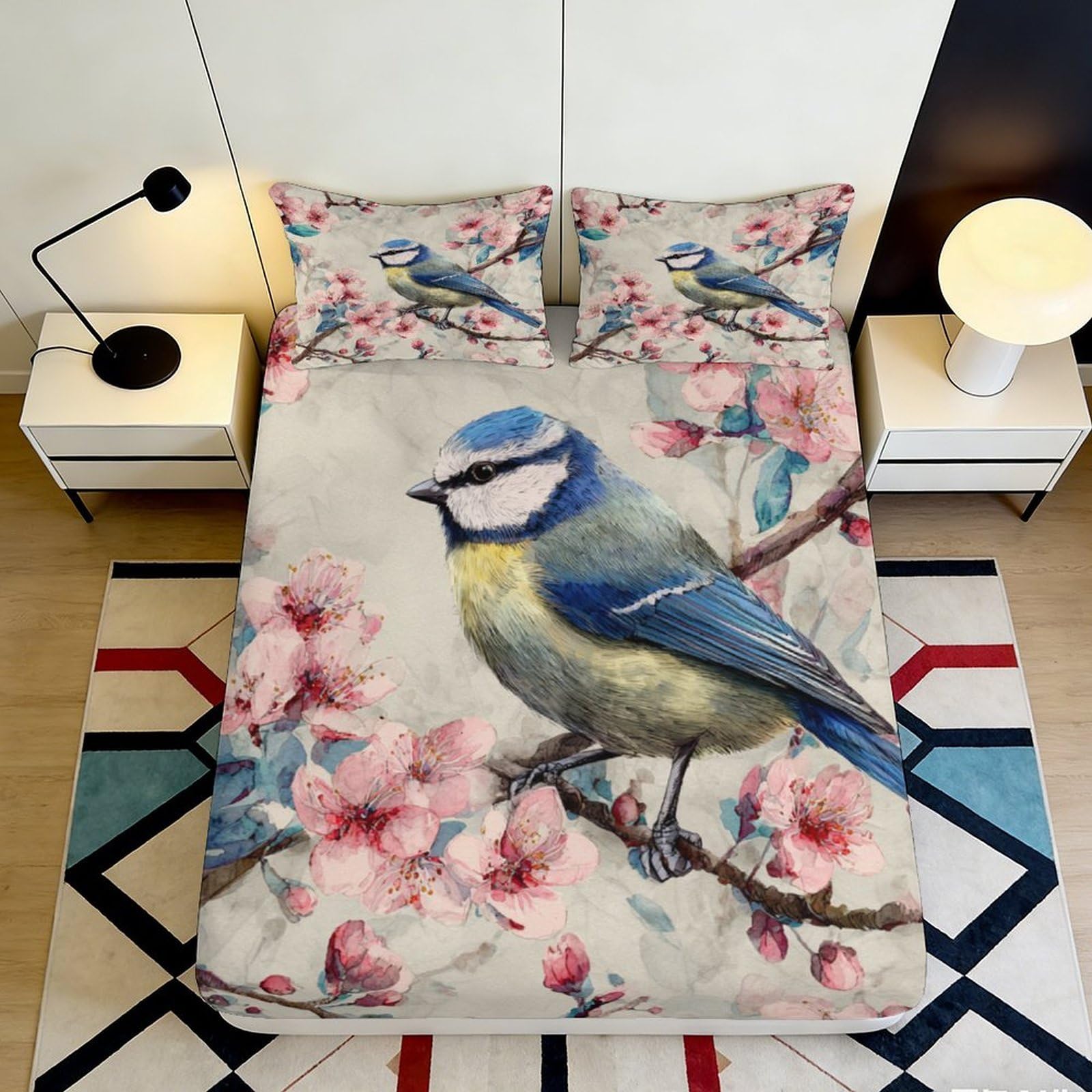 Pnayamiorkfel Style-9 3D Printed Blue Tit Blossom Fitted Sheet Microfiber Soft Breathable Bird Bed Cover For Bedroom Guest Room Decor 90X200x25cm