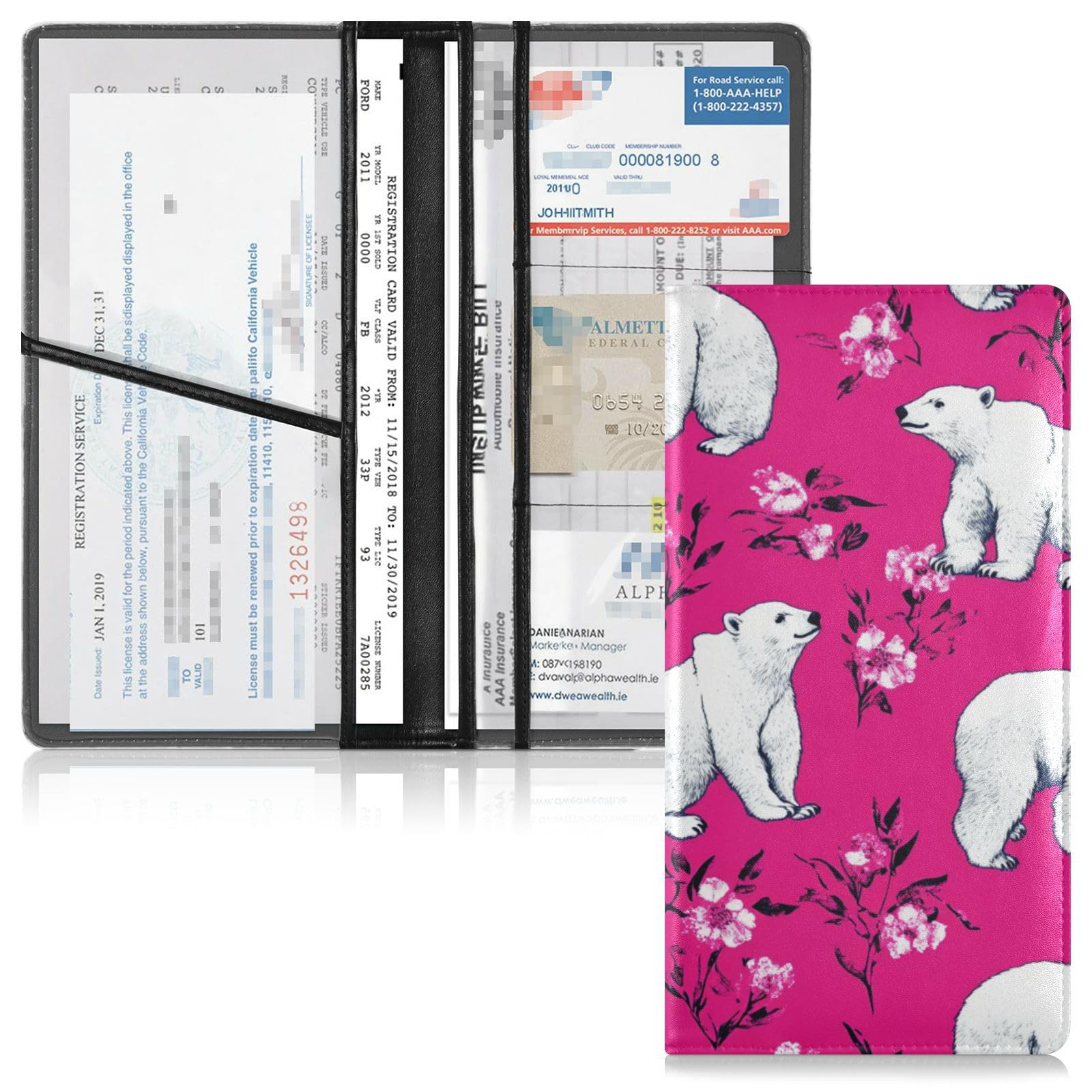 Premium Leather Car Registration and Insurance Card Holder Men Women Automobile Wallet Case Organizer for Documents, Cards, License Beauty Polar Bear