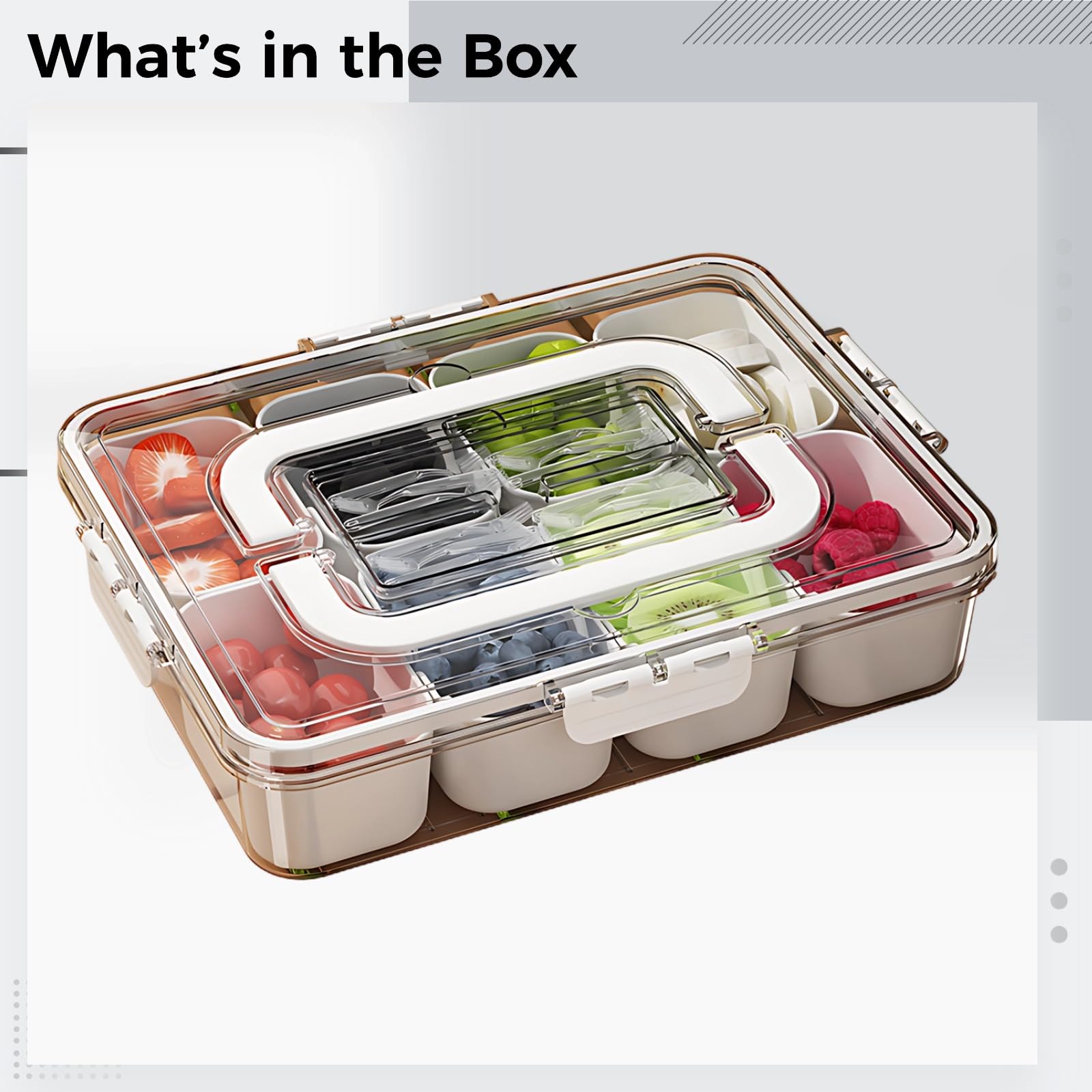 Snackbox aus Kunststoff mit 8 Fächern, große Snackle Box 31 x 23,5 cm mit Deckel und Griff, tragbare Aufbewahrungsbox für Küche, Kühlschrank und Partys
