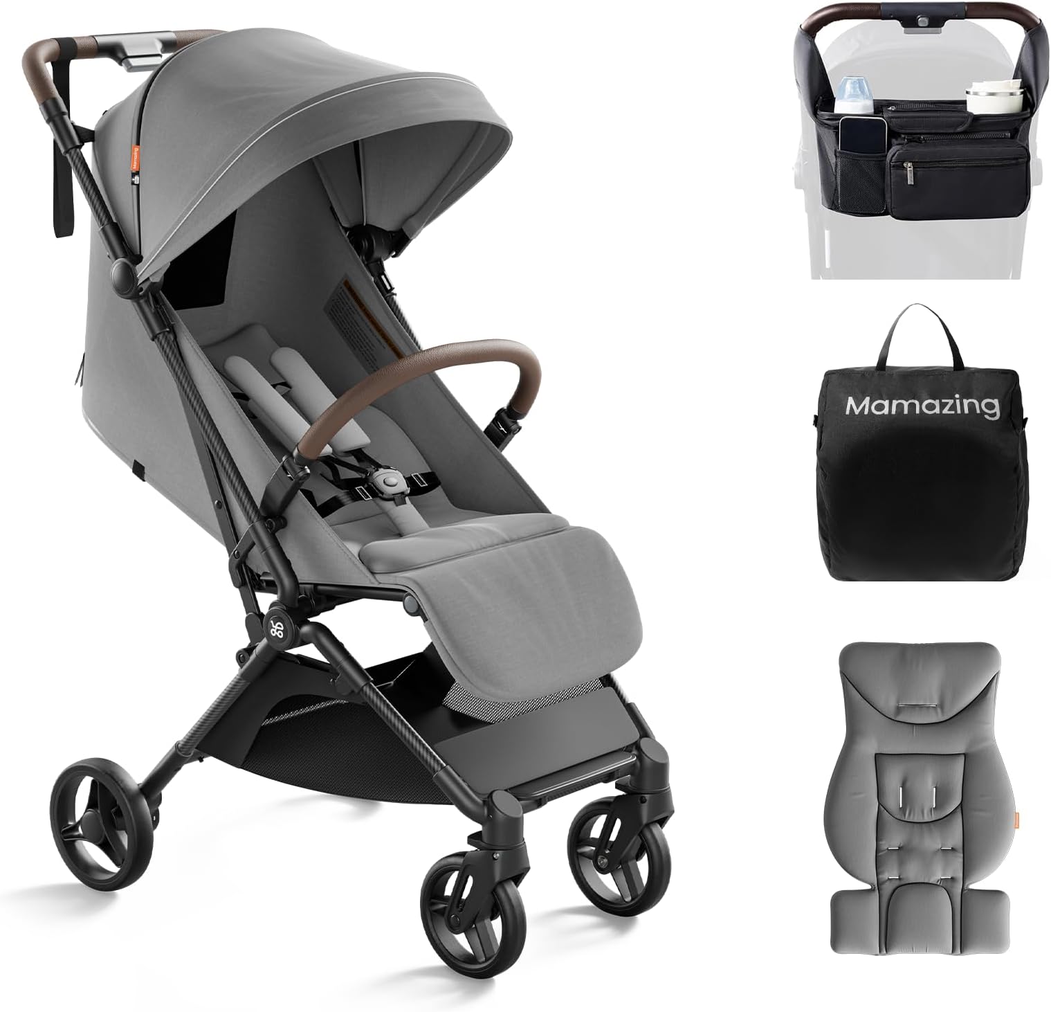 Ultra Air Lightweight Baby Travel Stroller with Carbon Fiber Frame, Compact & Airplane-Friendly, One-Handed Fold, 11.6 lbs, Perfect for Toddlers, Organizer & Cushion Included, Grey