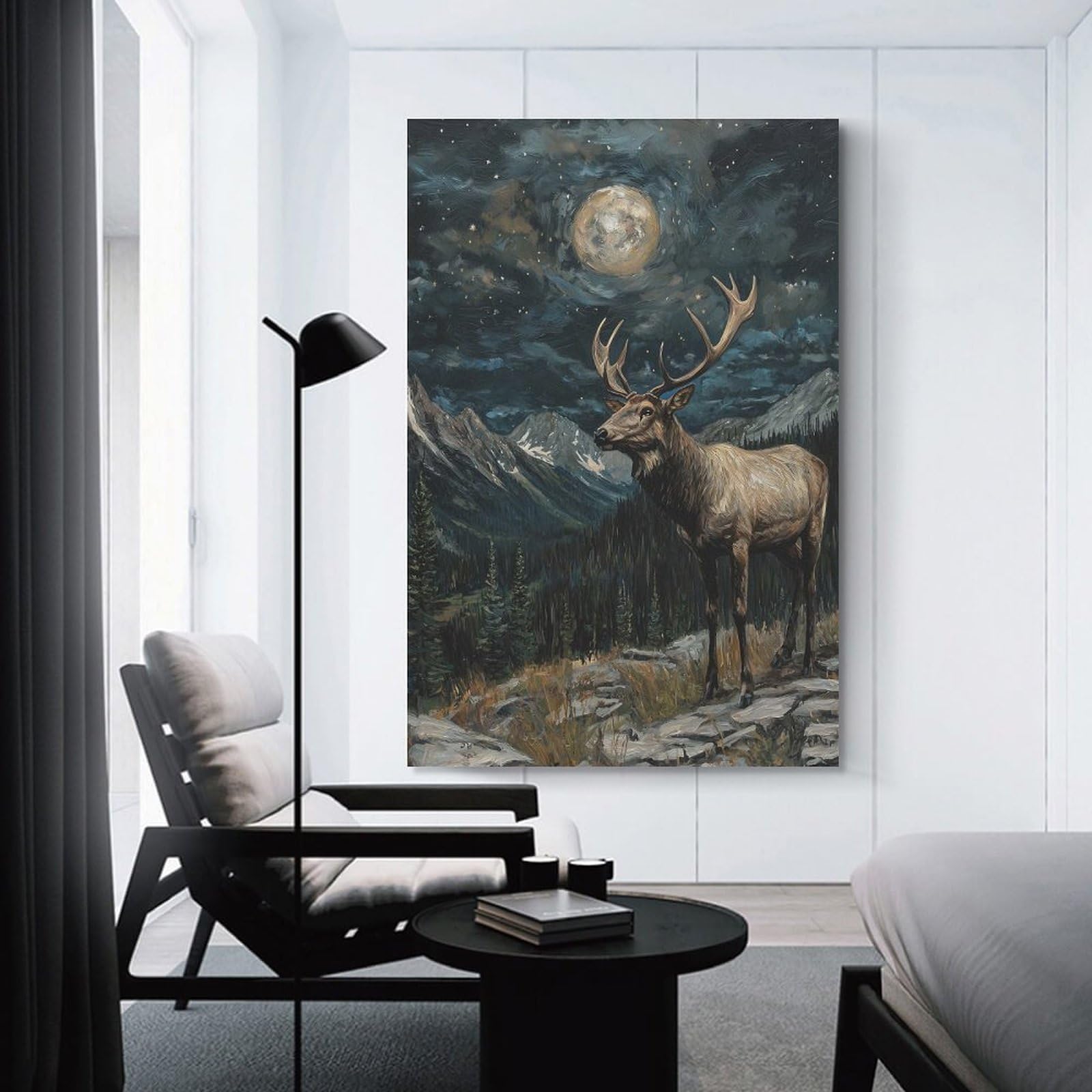 Junmoney Unframe-Style Elk Under Moonlight Wall Picture Print, 20X30inch(50X75cm), For Wall Displays, Bedrooms Or Room Updates, Decorative Artwork With Flexible Styling