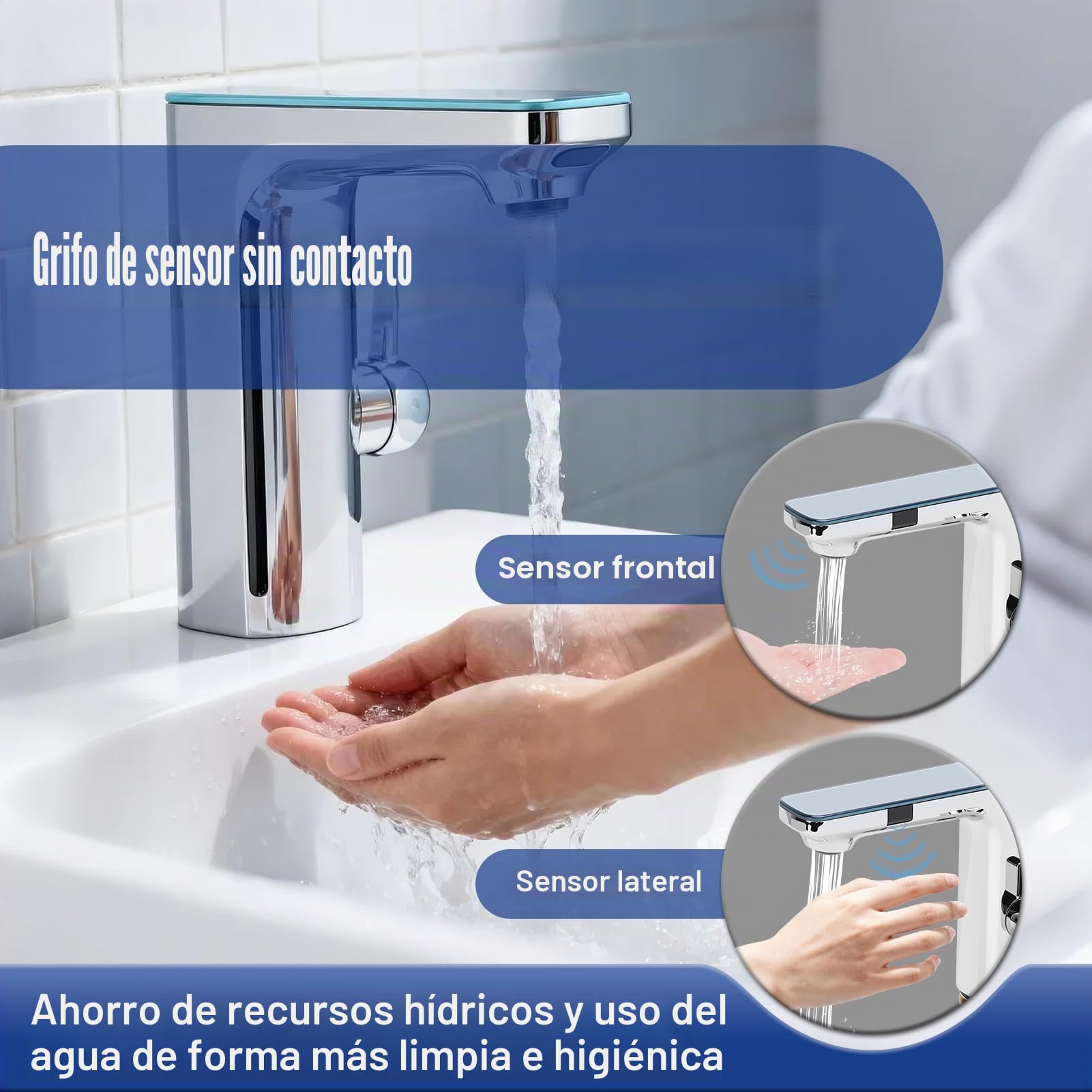 Gugxiom Grifo de Baño sin Contacto, Grifo de Lavabo de Baño con Sensor Automático LED Manos Libres, Núcleo de Válvula de Cerámica, para Baños Cocinas Aseos