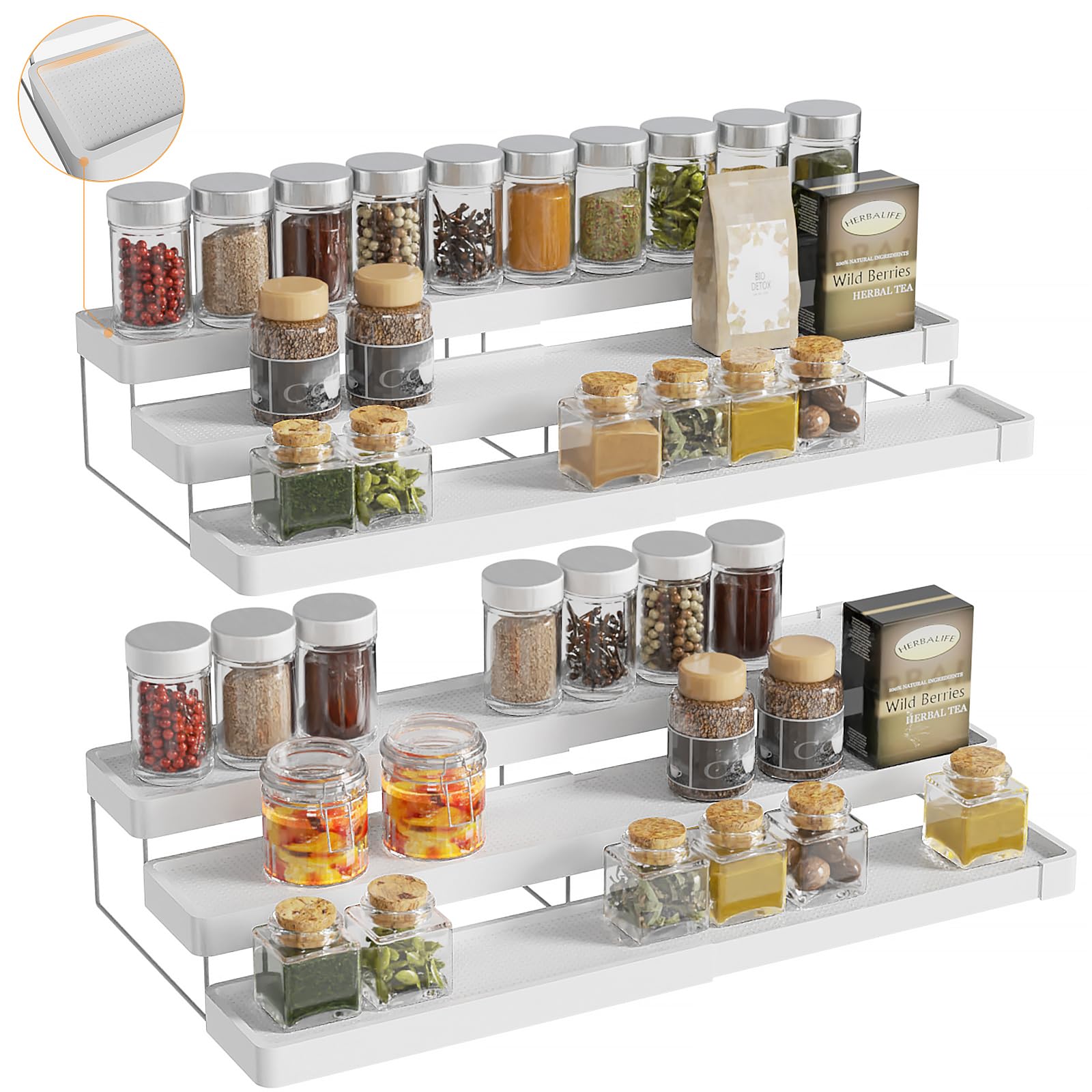 INVOCOO 2 Pack Expandable Spice Rack Organizer for Cabinet - 3 Tier Adjustable Cabinet Spice Organizer Easy Visibility - Spice Organizer for Cabinet
