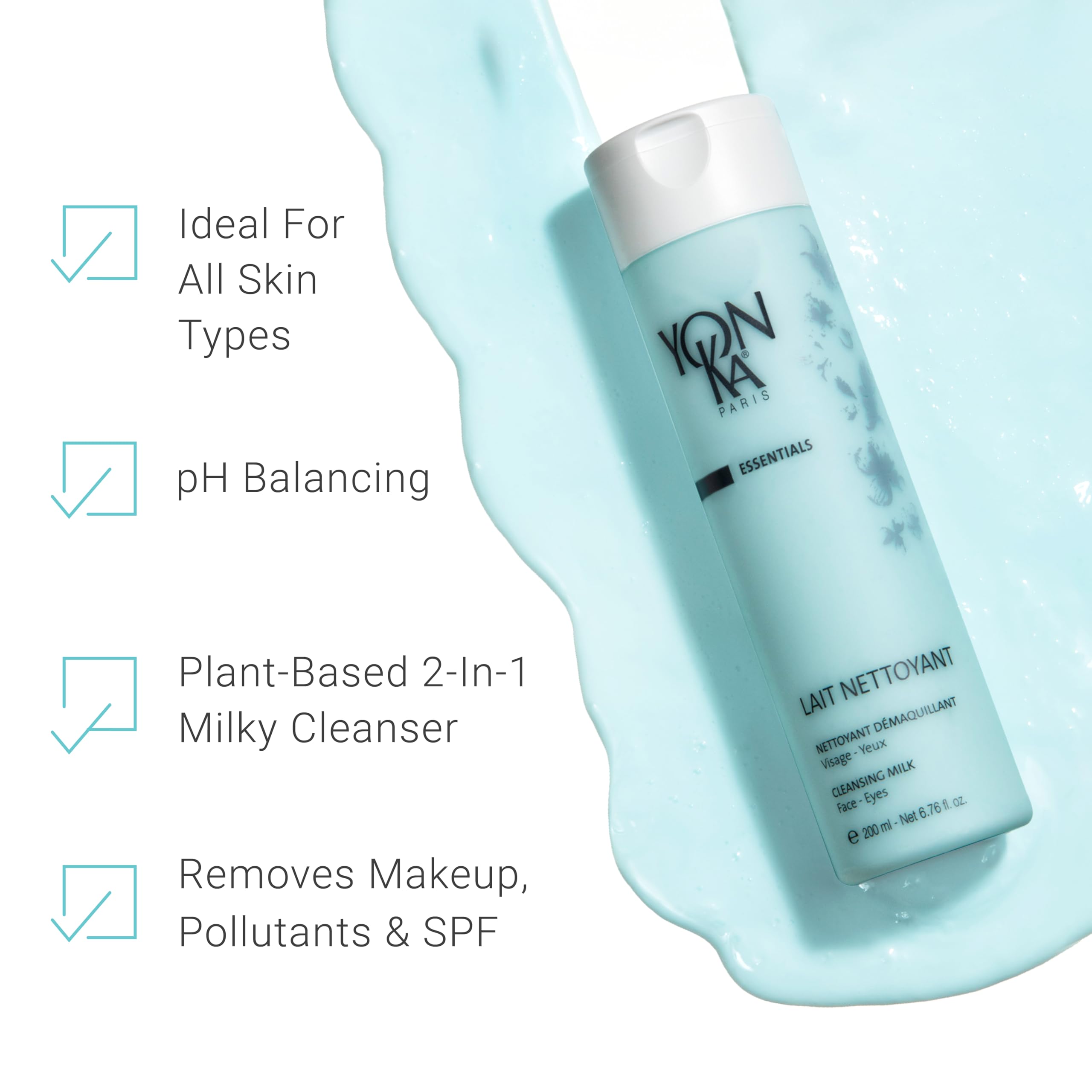Lait Nettoyant Yonka 200ml - Visage, Yeux & Lèvres - Démaquille, Nettoie et Apaise - Tous Types de Peaux, Convient aux Peaux Sèches et Sensibles - Texture Veloutée - Rinçage à l'Eau