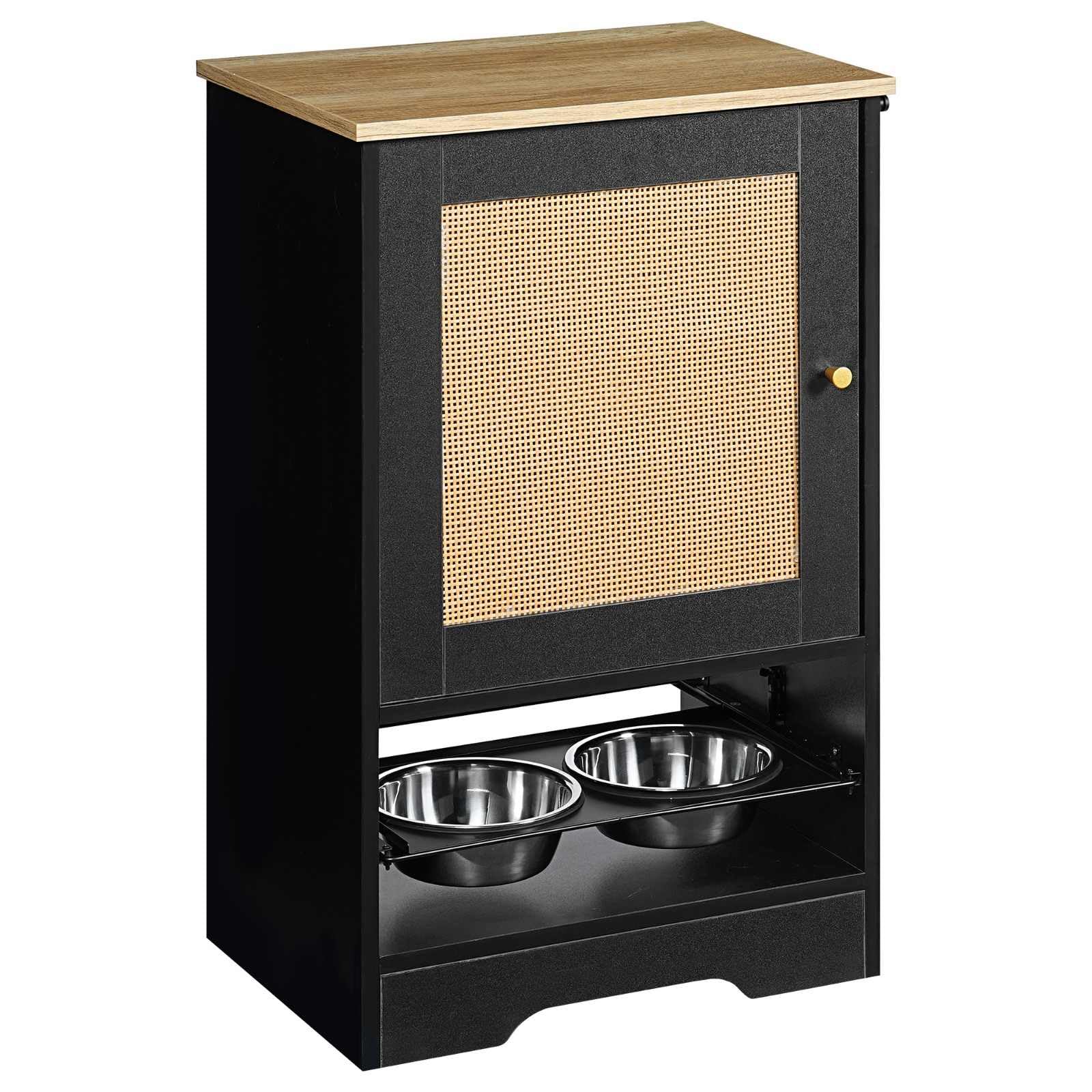 Dog Feeding Station 2 Elevated Stainless Steel Bowls Storage Cabinet Side Hooks for Pet Supplies Anti-Tip Design Easy