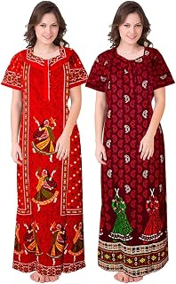jwf Women's Wear Pure Cotton Block Printed Nighty Free Size (Combo Pack of 2 Pieces) Maroon Price In India
