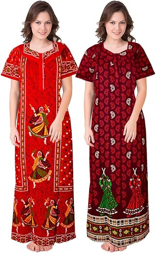 jwf Women's Wear Pure Cotton Block Printed Nighty Free Size (Combo Pack of 2 Pieces) Maroon