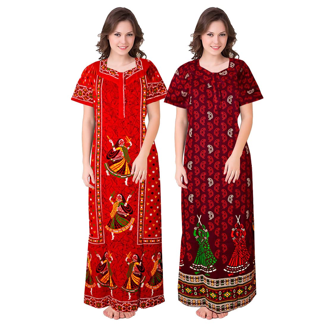 jwf Women's Wear Pure Cotton Block Printed Nighty Free Size (Combo Pack of 2 Pieces) Maroon - Review, Price and Buying Guide