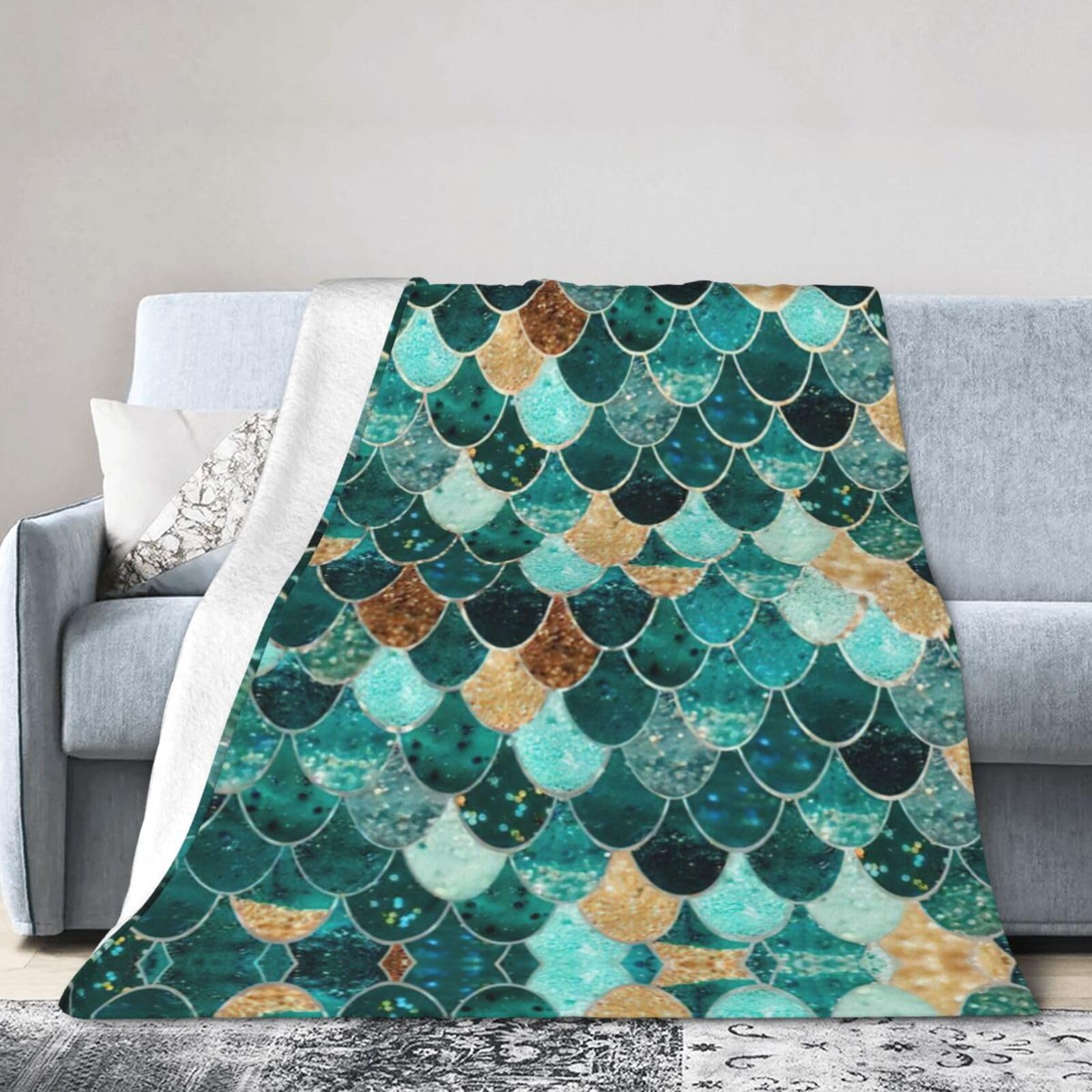 Uusnwaa Soft Cosy Fleece Warm Throw Mermaid Fish Scale Print Print Blanket