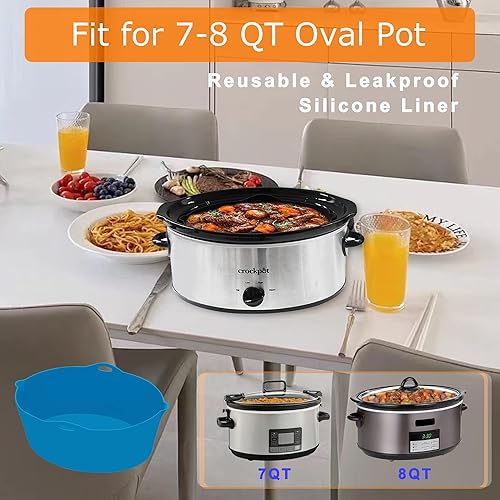 Miniatura 6 de LAECHATAR 2 piezas de revestimiento de silicona para crockpot, ajuste reutilizable, 7-8 cuartos de galón ovalados para ollas de cocción lenta, azul