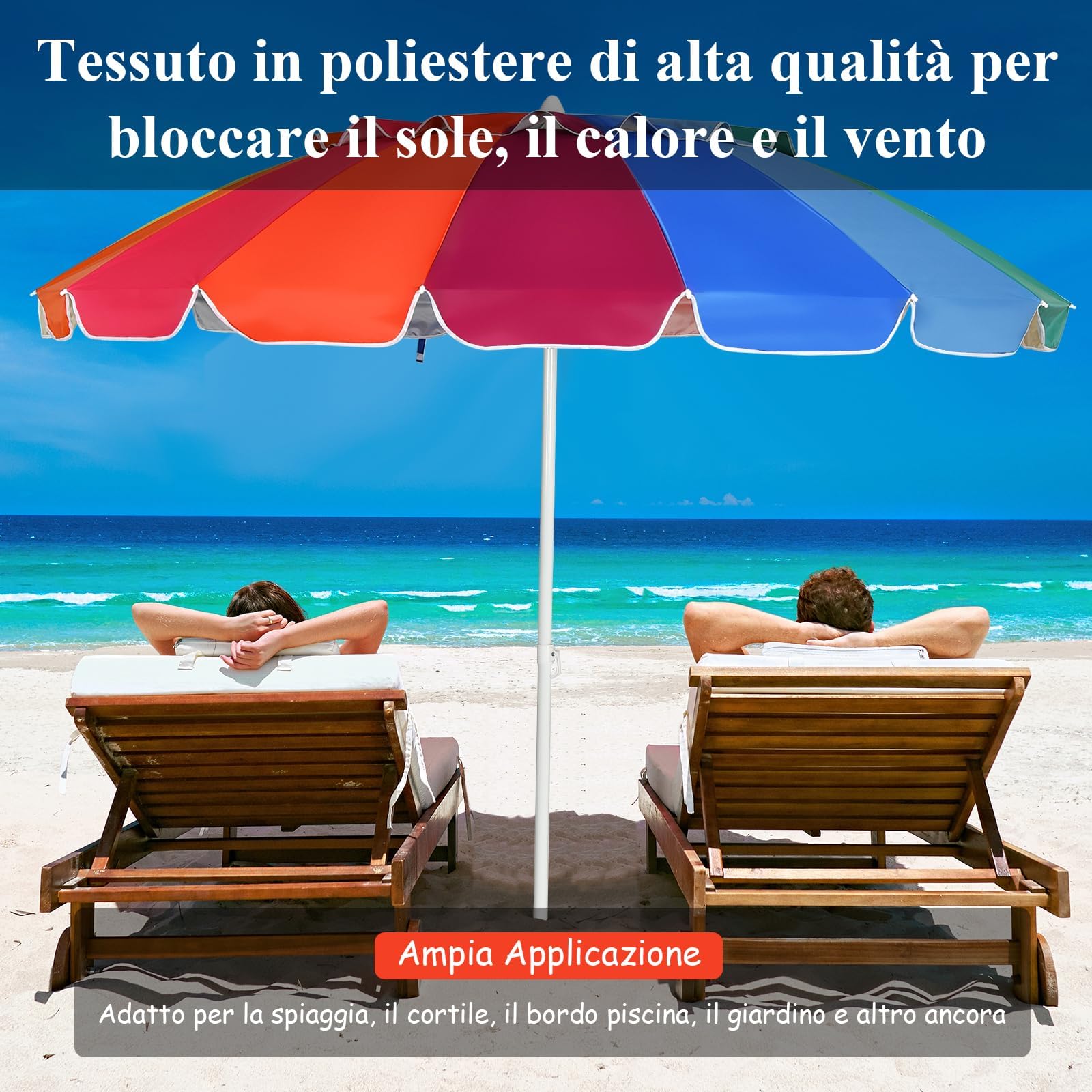 GYMAX Ombrellone da Spiaggia Antivento 220cm, Ombrellone da Mare Inclinabile e Portatile con Copertura Impermeabile e Resistente ai Raggi Solari UV, 16 Stecche (Colorato, 220CM)