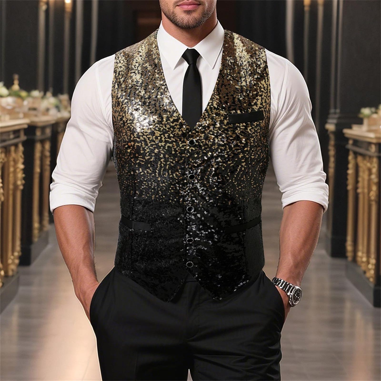 Gilet Uomo Paillettes Glitter Abbigliamento Gotico Vestiti Smanicato Adulti Abiti Carnevale Panciotto Casual Vintage Comode Sportivo Eleganti