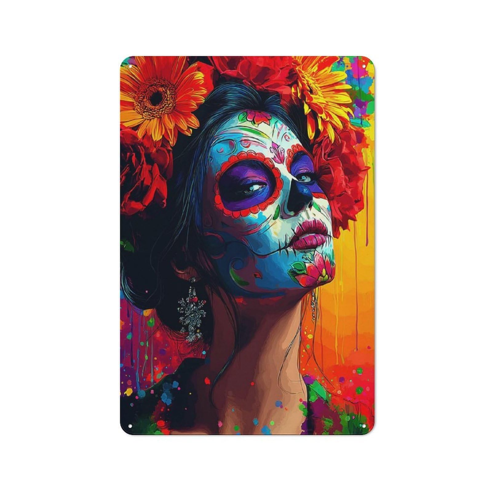 Junmoney Colorful Sugar Skull Portrait With Flowers Tin Wall Plaque 30X20cm With For Home Office Or Studio, For Metal Sign Collectors, For Garage And Workshop Walls