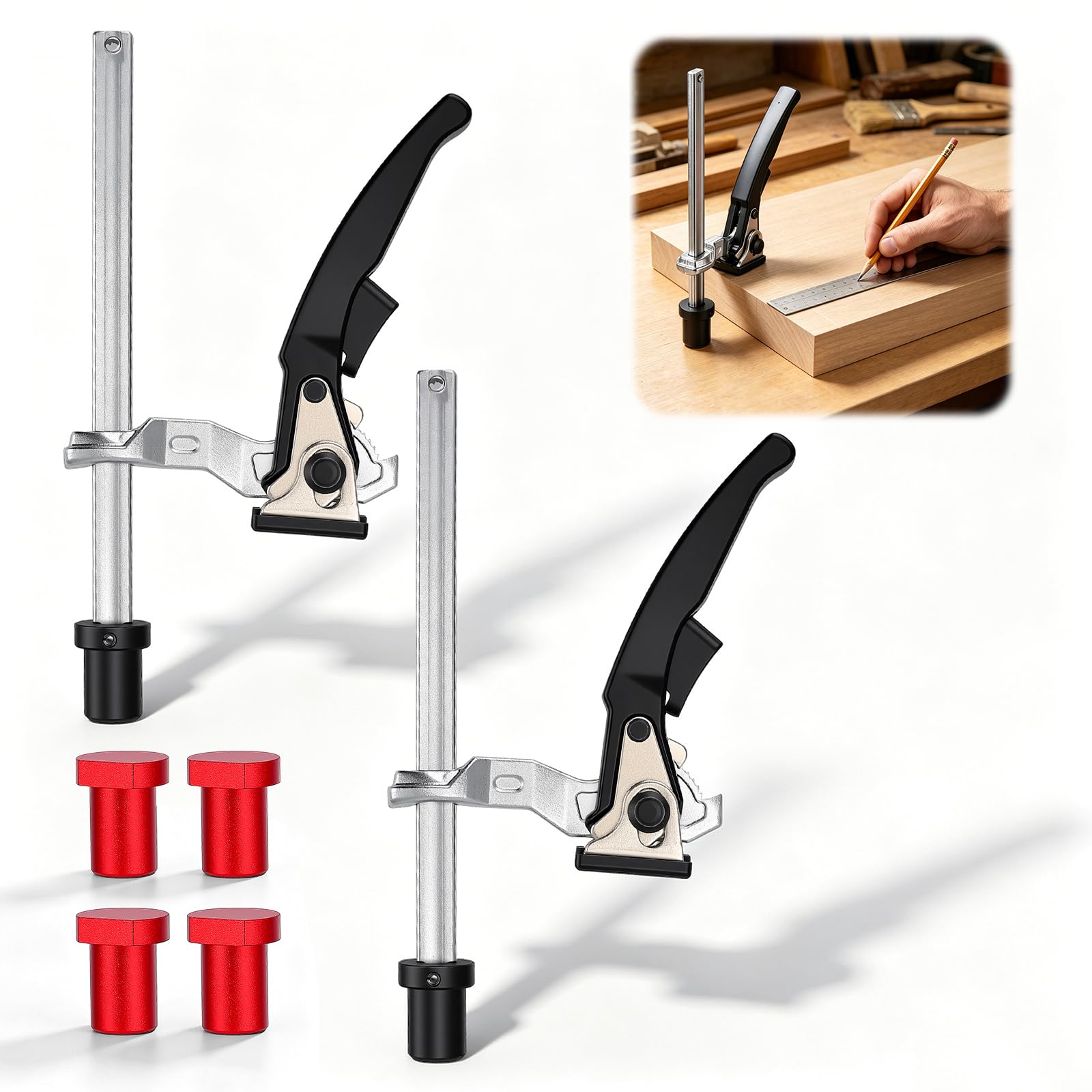 Set di morsetti a leva, 20 mm, accessori per banco da lavoro, 160 x 60 mm, sistema di tensione da tavolo MFT con 4 ganci rossi, morsetto da tavolo antiscivolo per lavorazione precisa del