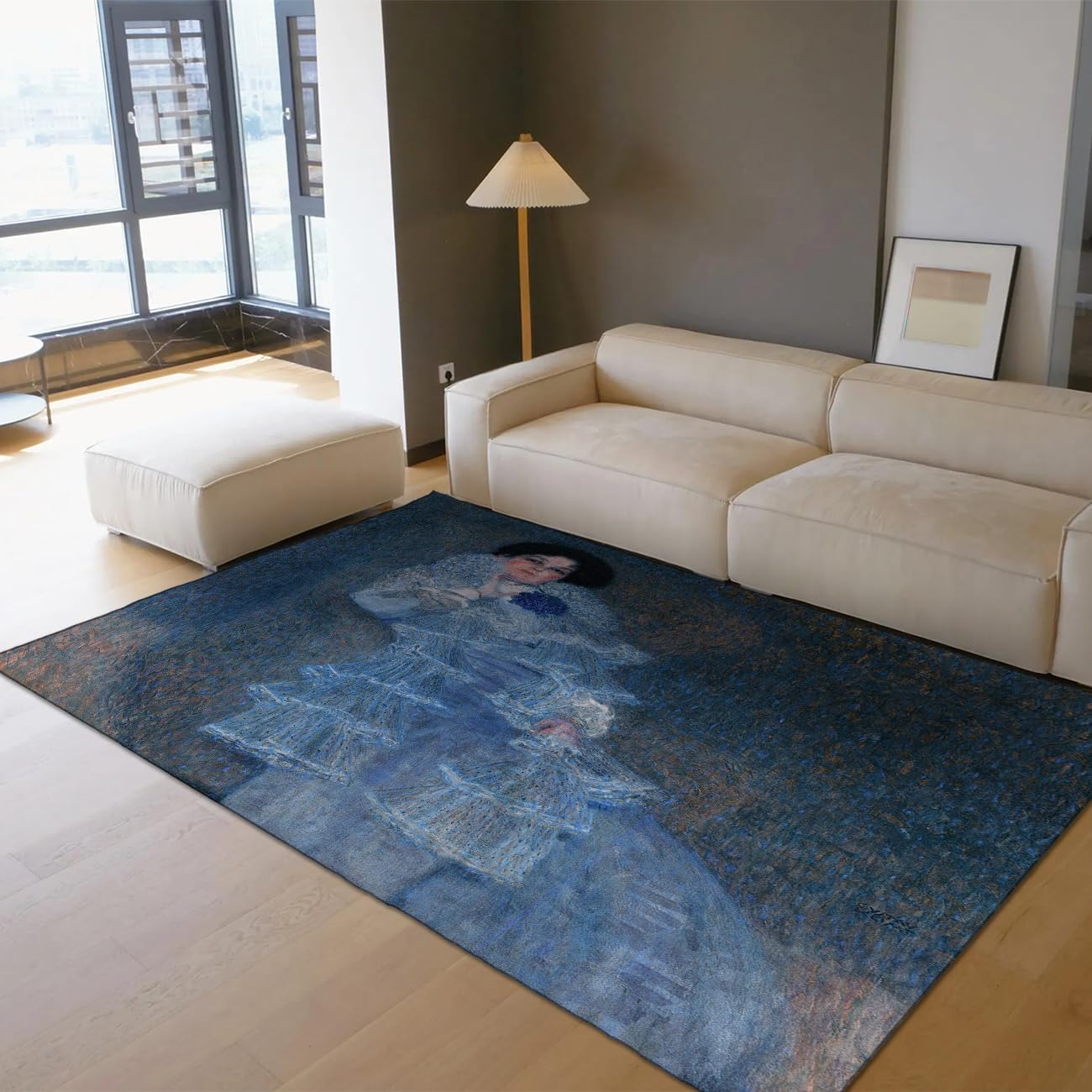 Tapis salon 120x150 portrait vintage bleu lavable et antidérapant