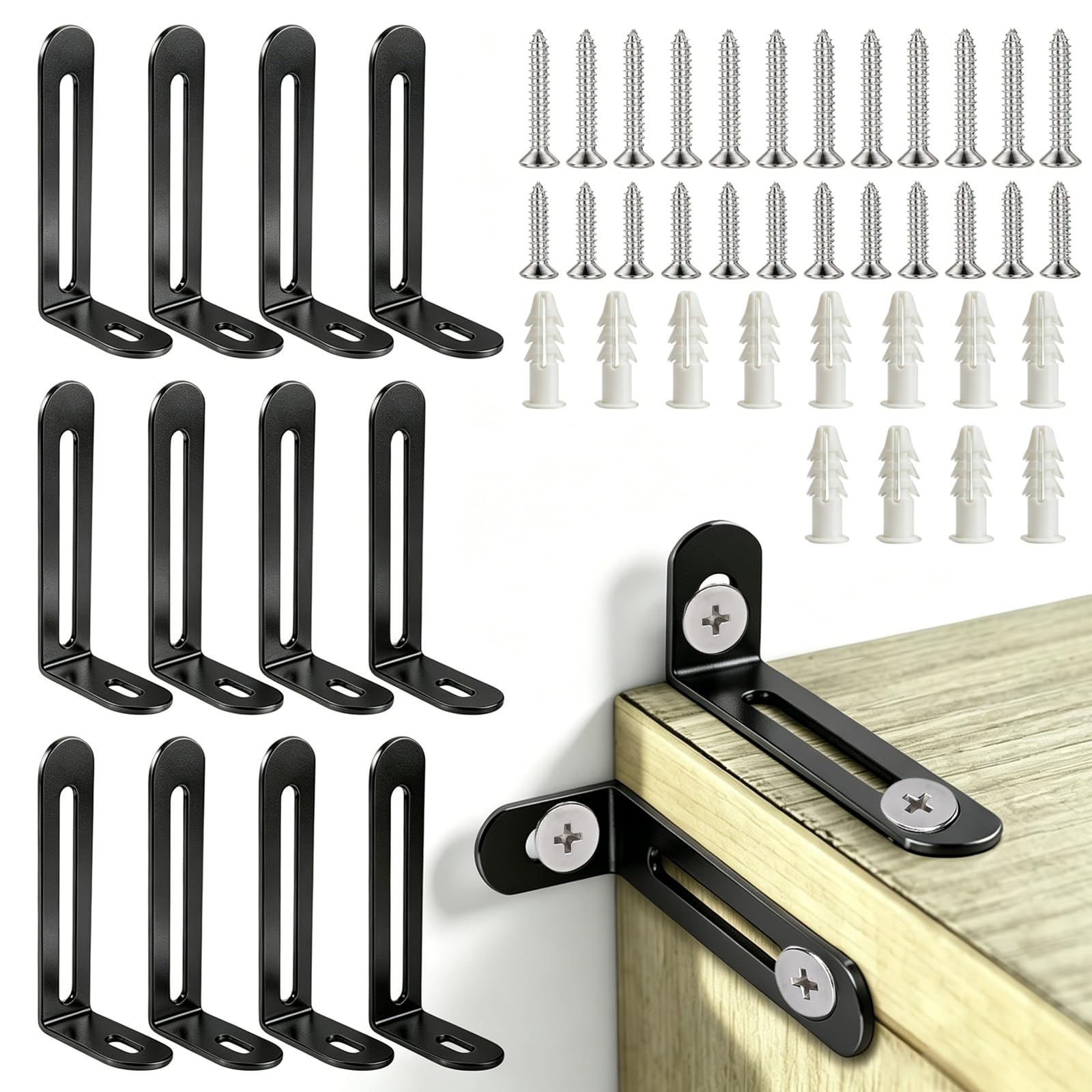 Baby Proofing Furniture Wall Anchor, 12 Pack Heavy Duty Anti Tip Furniture Anchors Secure Cabinet, Wardrobe, Desk to Protect Kids and Pets from Falling Furnitures for Nursery, Home, Black