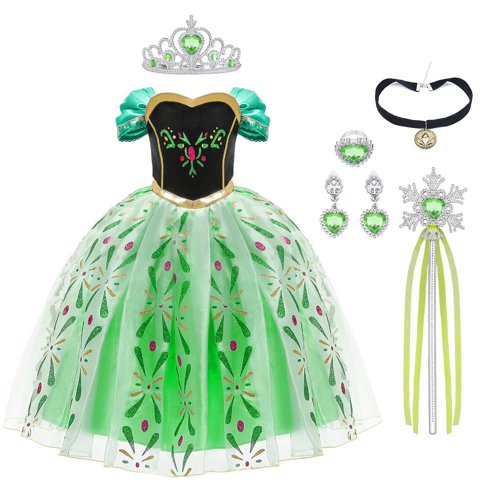 URAQT Girls' Anna Costume Dress, Children's Princess Costume for Carnival Party Cosplay Fancy Dress Halloween Party Birthday with Accessories Crown Wand