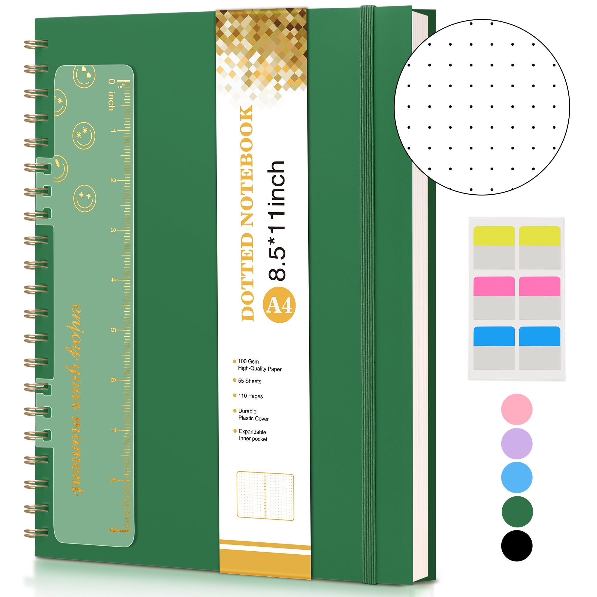 Dotted Notebook, Spiral Notebook Journal 8.5” x 11”, A4 Large Dot Grid Notebooks for Women Men, 100 GSM Dotted Paper, Plastic Hardcover Spiral Bullet Journals for Work School Sketching, Green