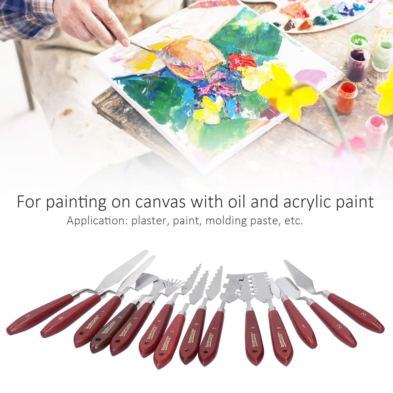 Agatige 14PCS Oil Painting Tools, Palette Knives Set with Stainless Steel Blades and Wood Handles for Oil, Gouache, Watercolor