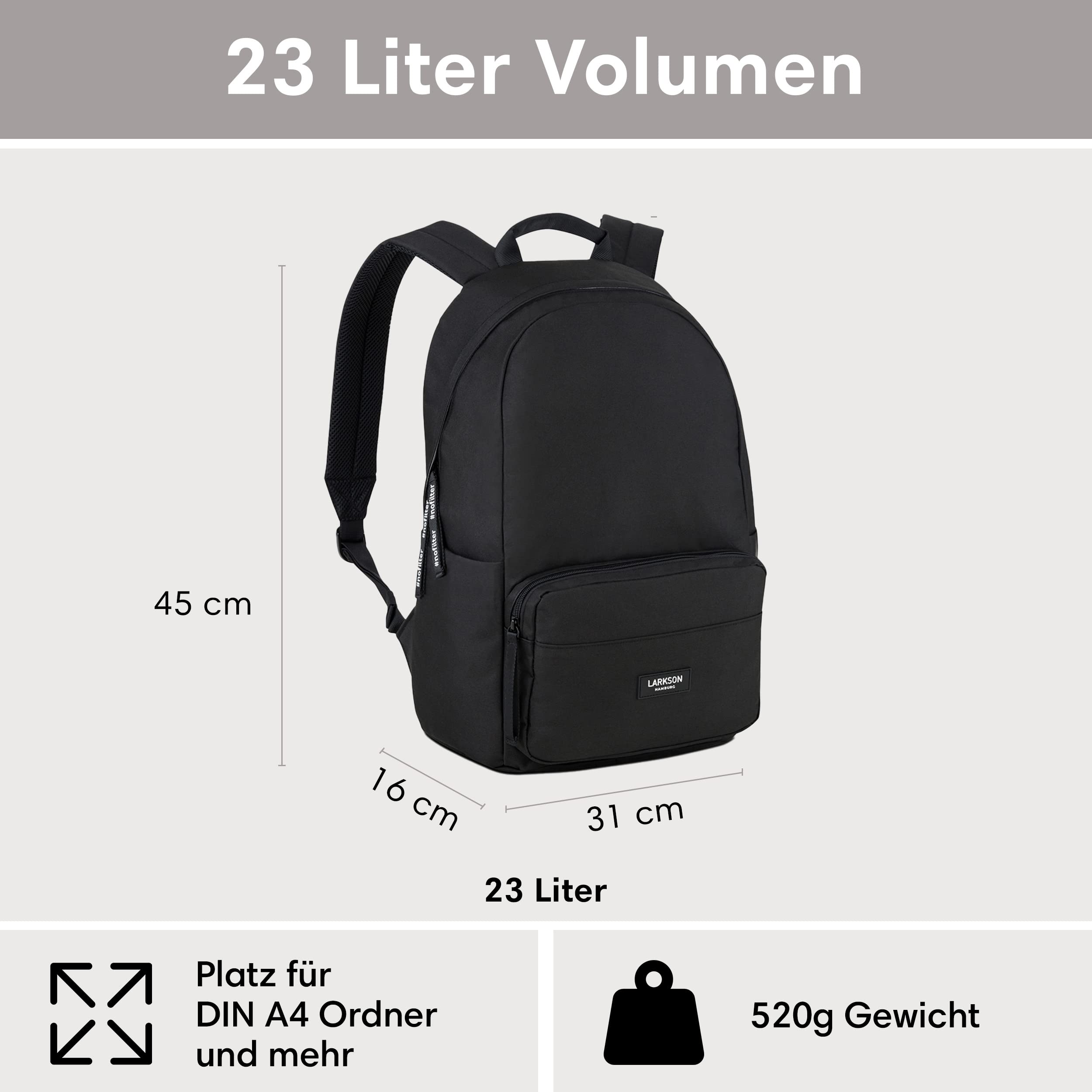 LARKSON Schulrucksack Mädchen Jungen Teenager Schwarz 16" Laptopfach Polyester Wasserabweisend