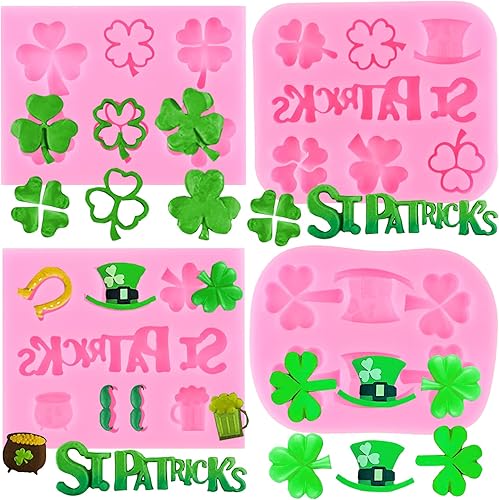 Miniatura 7 de Mujiang Moldes de fondant del día de San Patricio, tréboles, sombrero irlandés, molde de silicona, molde de herradura para bigote, caramelo para