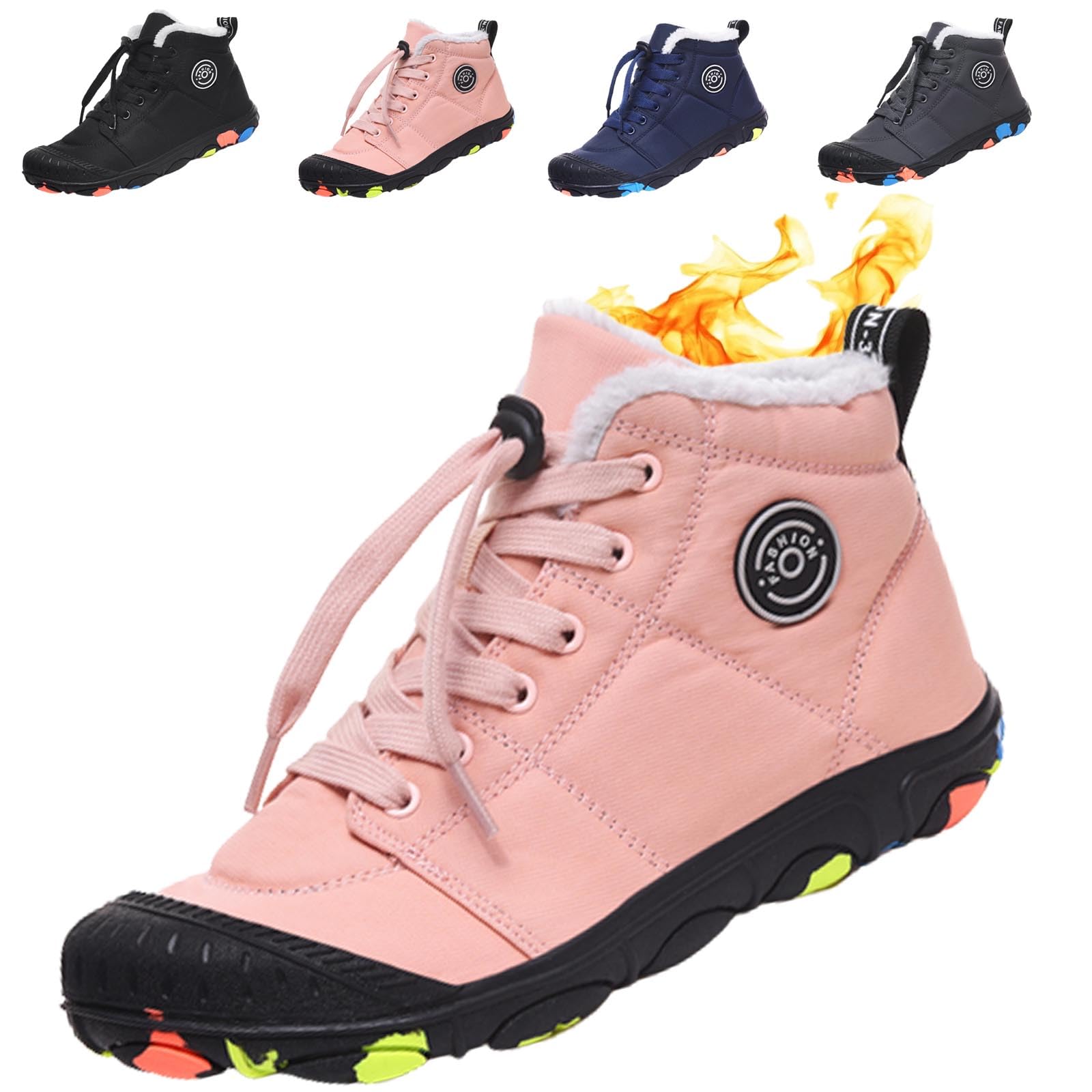 Akayoo Pink Winter Barefoot Shoes, Barefoot Shoes Kids Winter Waterproof, Winter Warm Hiking Boots, Running Barefoot Shoes Waterproof Non-Slip Breathable For Trekking Climbing