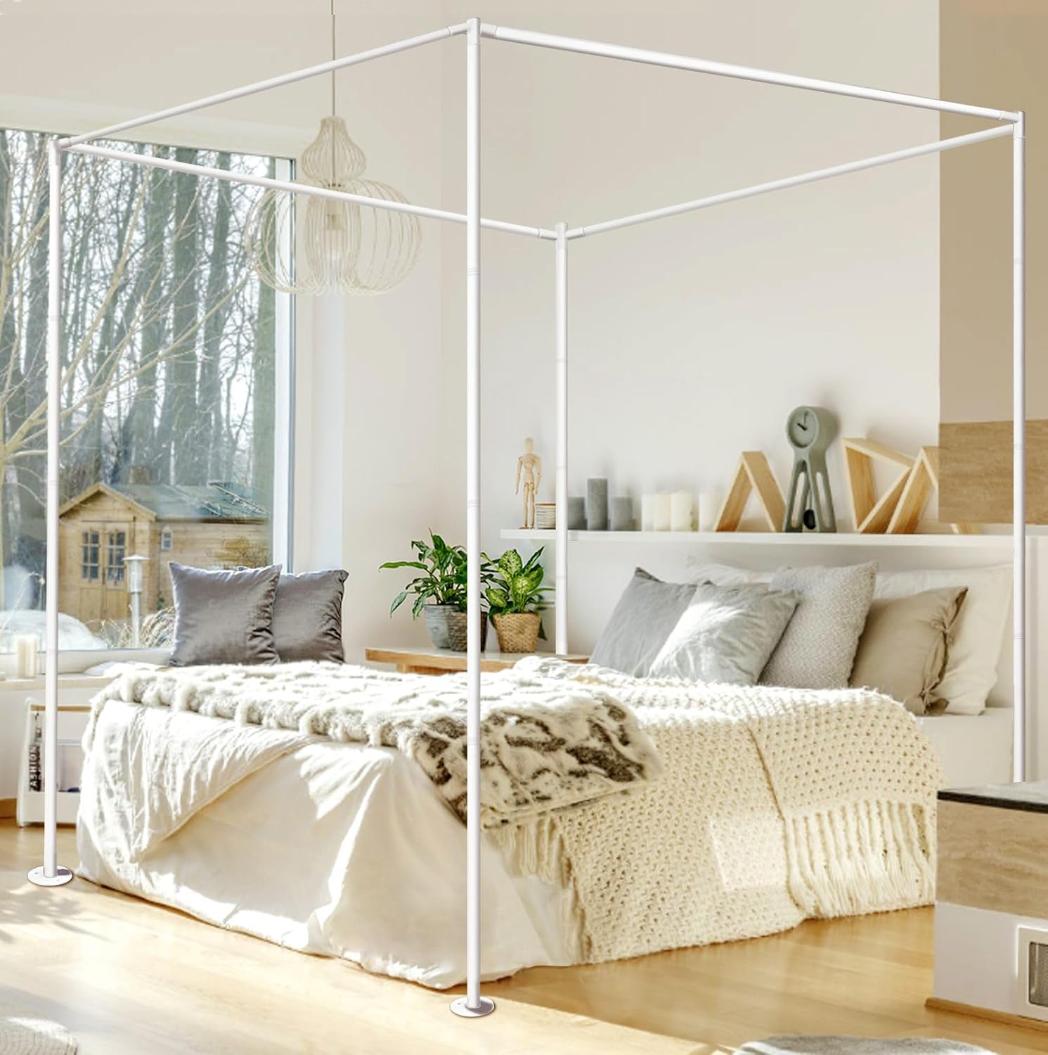 White Metal Poles Canopy Bed Frame with Four Plastic Removable Fixing Foot Plate, Four Corner Bed Brackets Fit for Bed Frames for Bedroom Decor Upgrade - Full Size (Not Wobbly)