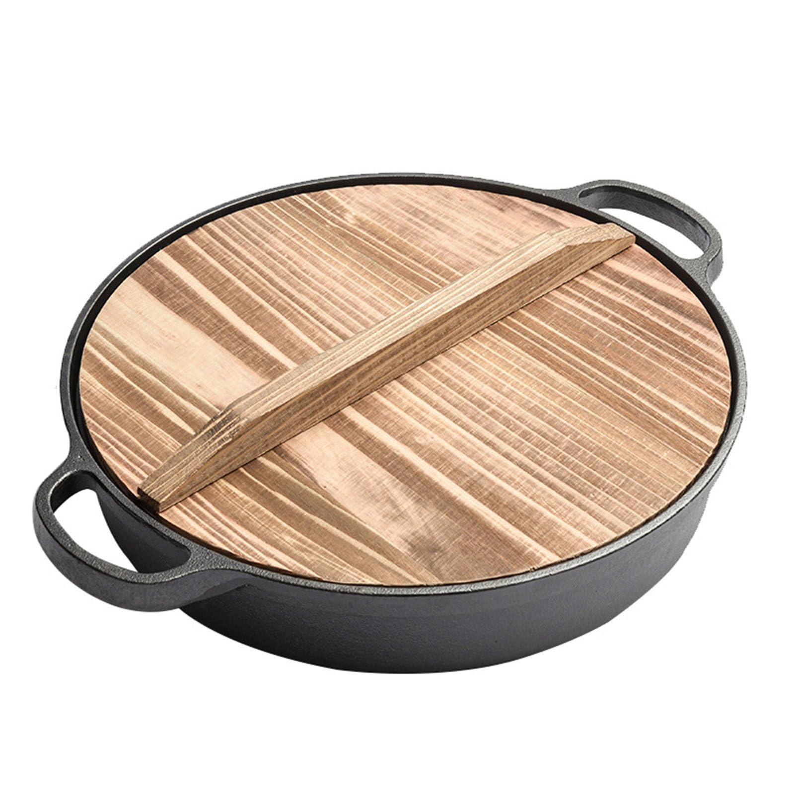 Sukiyaki Hot Pot, nieprzywierająca patelnia żeliwna, głęboka patelnia z drewnianą pokrywką, do Shabu Shabu, 28 cm
