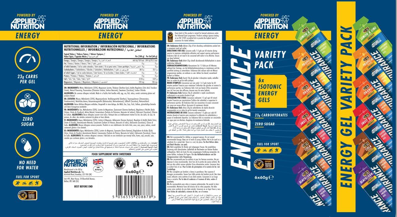 Applied Nutrition Isotonic Energy Gel | Performance-Enhancing Formula | Zero Fat Zero Sugar | 23g Carbohydrates Caffeine Free Sportgel (Pack of 6 x 60g) (Variety Pack)