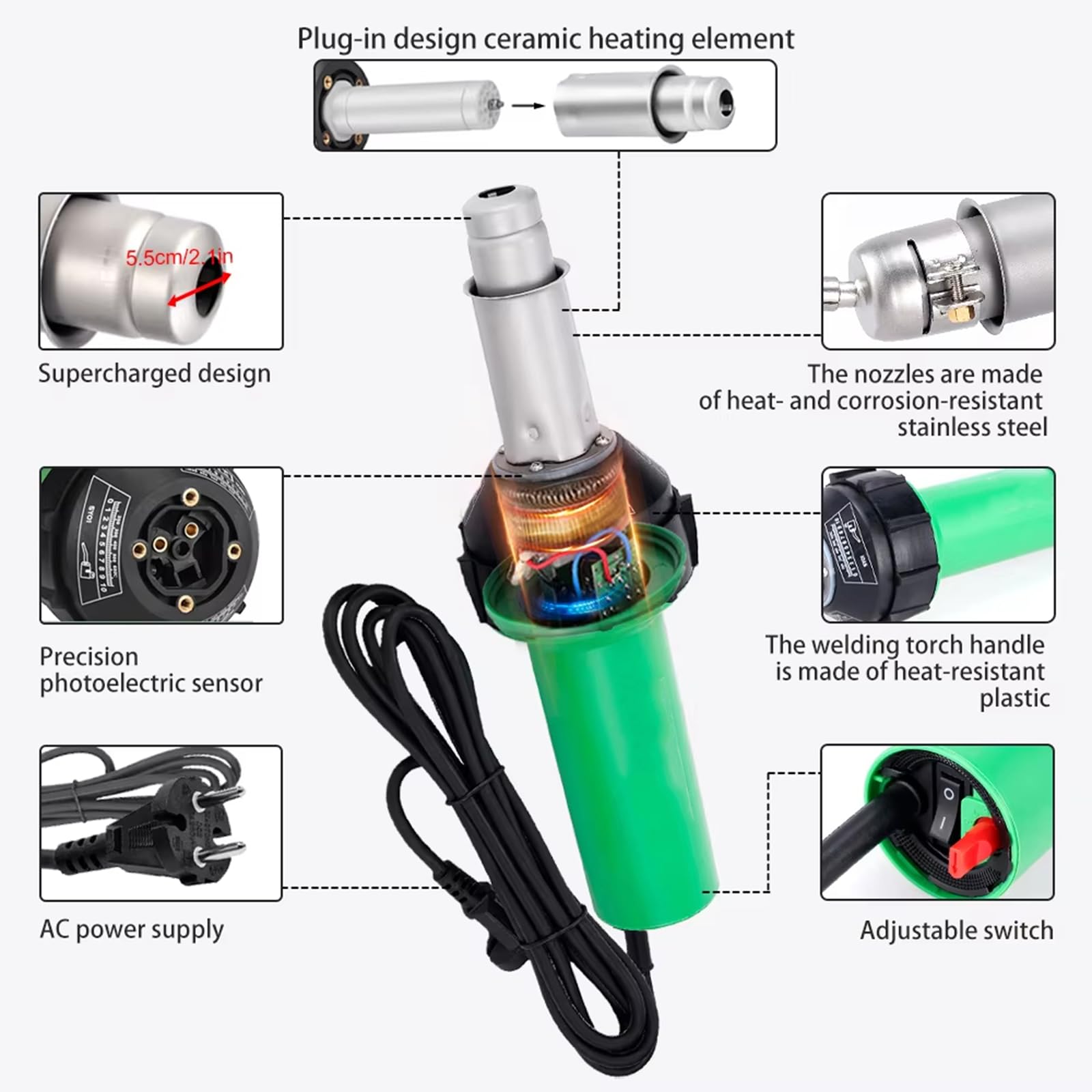 Générique Pistolet à souder Plastique 1600 W, Torche à air Chaud 30-700 °C, 230 l/Min, kit de soudage avec 4 Pointes, Noyau Chauffant, Tige à Rouleau.