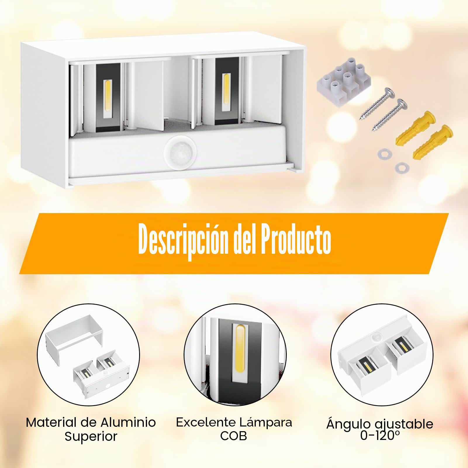 Klighten Aplique de pared con detector de movimiento, 24W, Aplique de pared exterior con haz de luz ajustable, 4000K Blanco neutro, Apliques de pared Ip65 con sensor (Blanco)