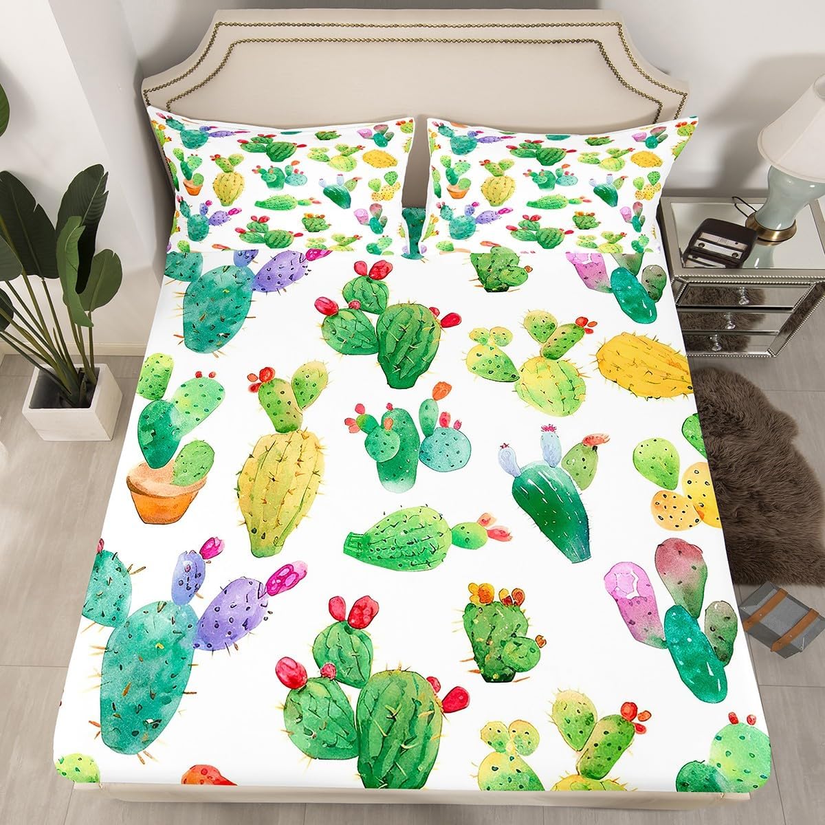 jejeloiu Tiger Fitted Sheet Queen Size Kids Wild Animal Bed Sheet Set for Boys Girls Teens Wildlife Tree Bedding Set Breathable Safari Cat Print Bed Cover Room Decor Bed Set