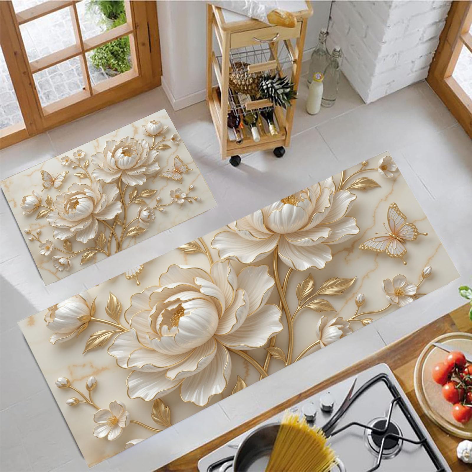 Tapis de cuisine lot de 2 rose rococo blanc et or 40x60 40x120cm