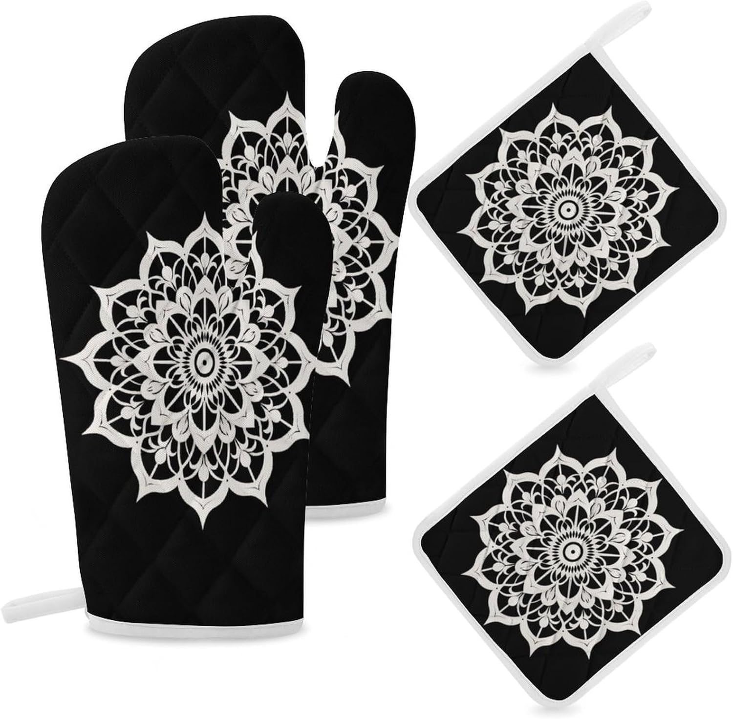 Mandala Lotuses Flower 4 Pcs Oven Mitts and Pot Holders Set High Heat Resistant Long Kitchen Oven Glove Potholders