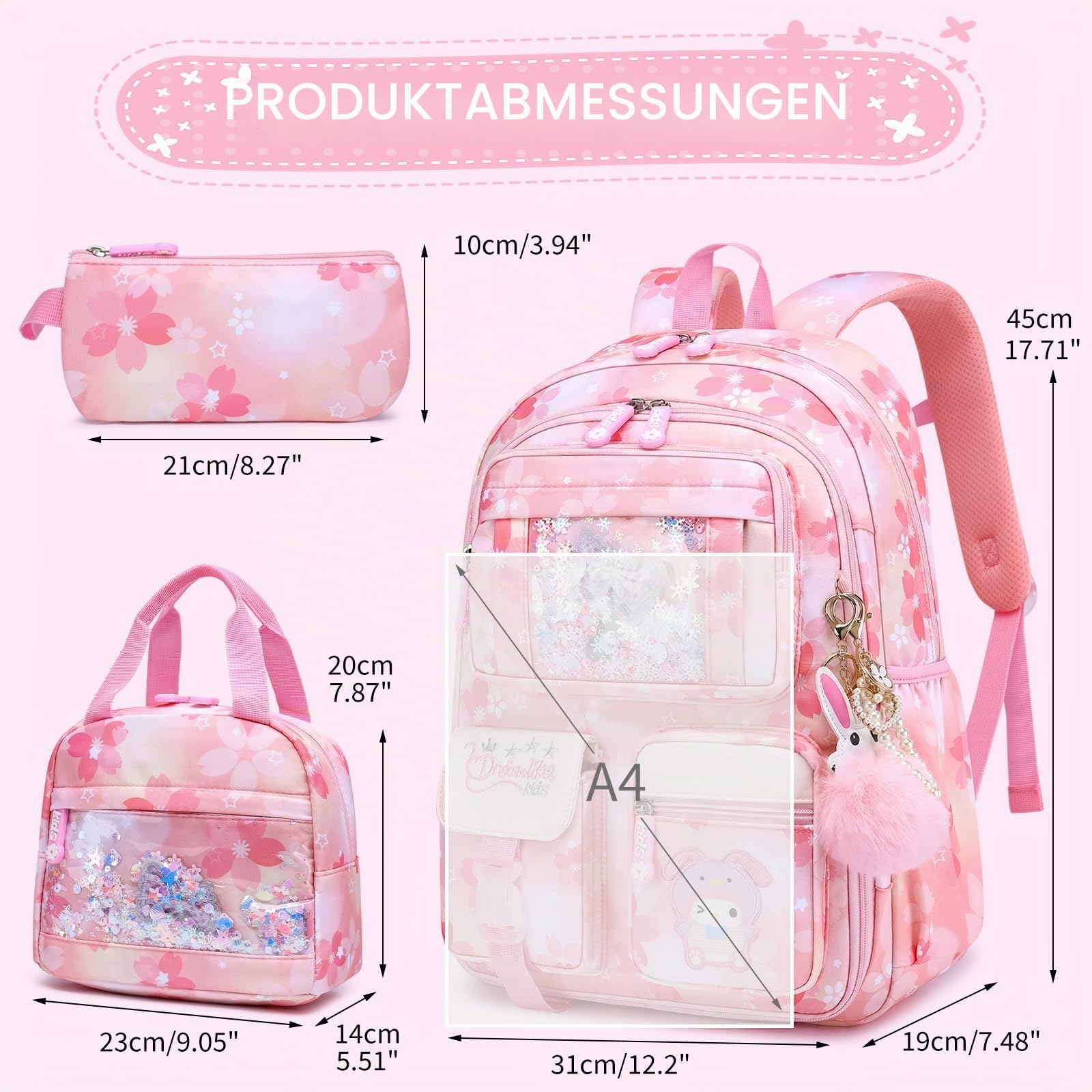 Mädchen Rucksack, Lagre Capacity Rucksack für die Schule, mit Laptopfach, Mädchen-Rucksäcke für Grundschule (Kinder-rucksack + Isolierte Lunchtasche + Federmäppchen, Rosa)