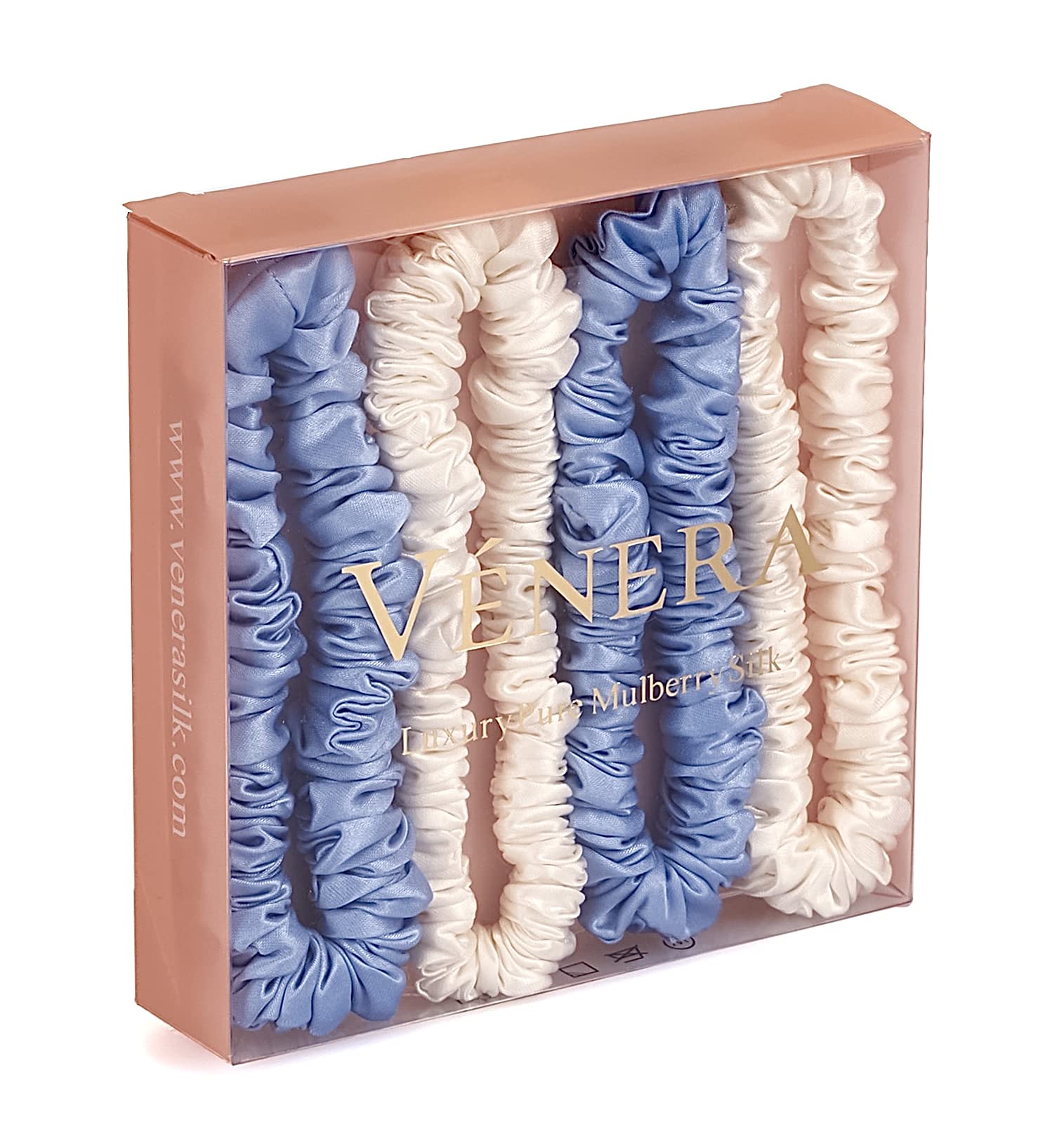 VÉNERA Silk Scrunchies 100% Pure 22 Momme Mulberry Silk Hair Ties (Blue-White)