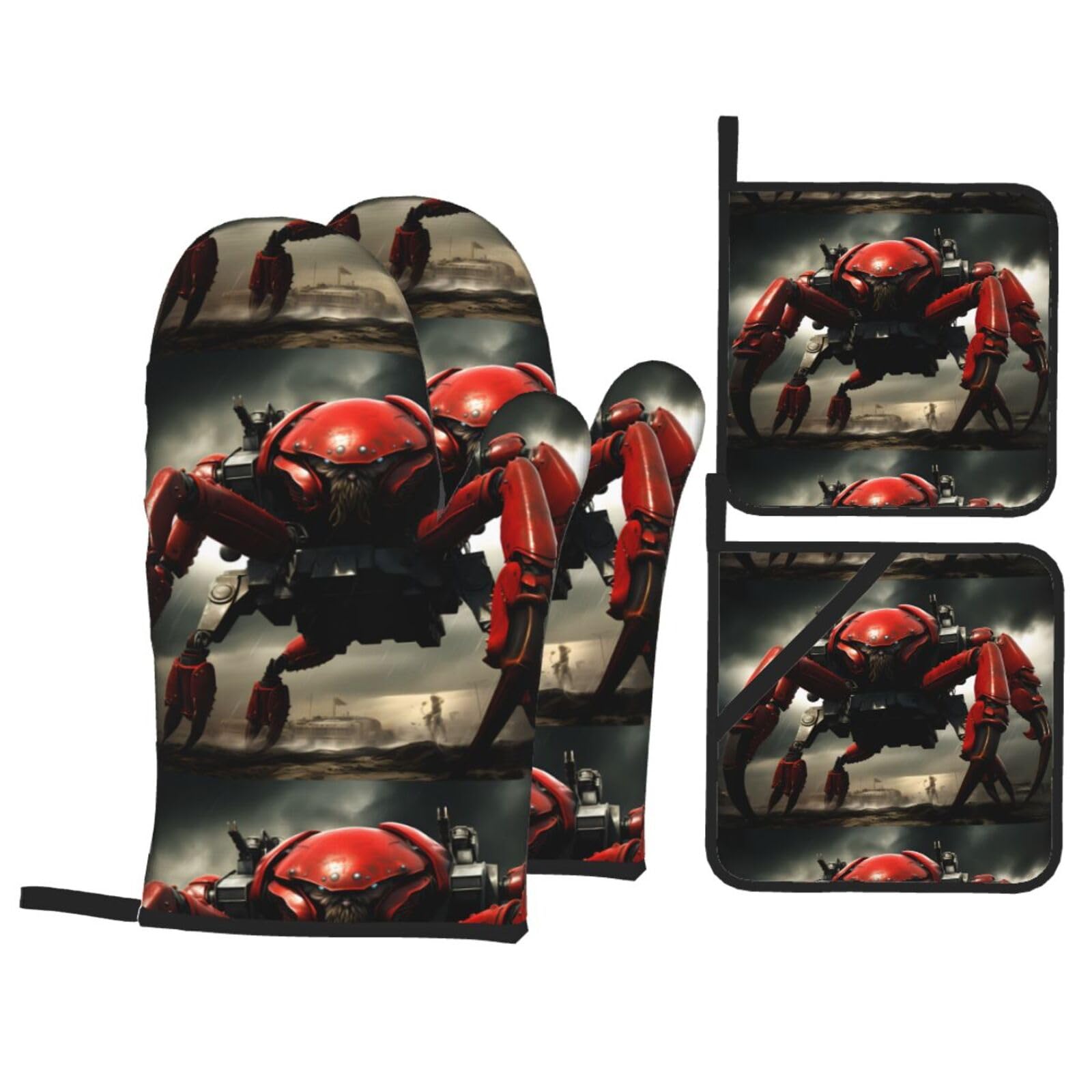 YYHWHJDE Red Mechanical Crab Printed Kitchen Baking Set of 4 Thick Insulated Oven Mitt & Pot Holders, Anti-Scalding for Microwave, Oven, Outdoor BBQ