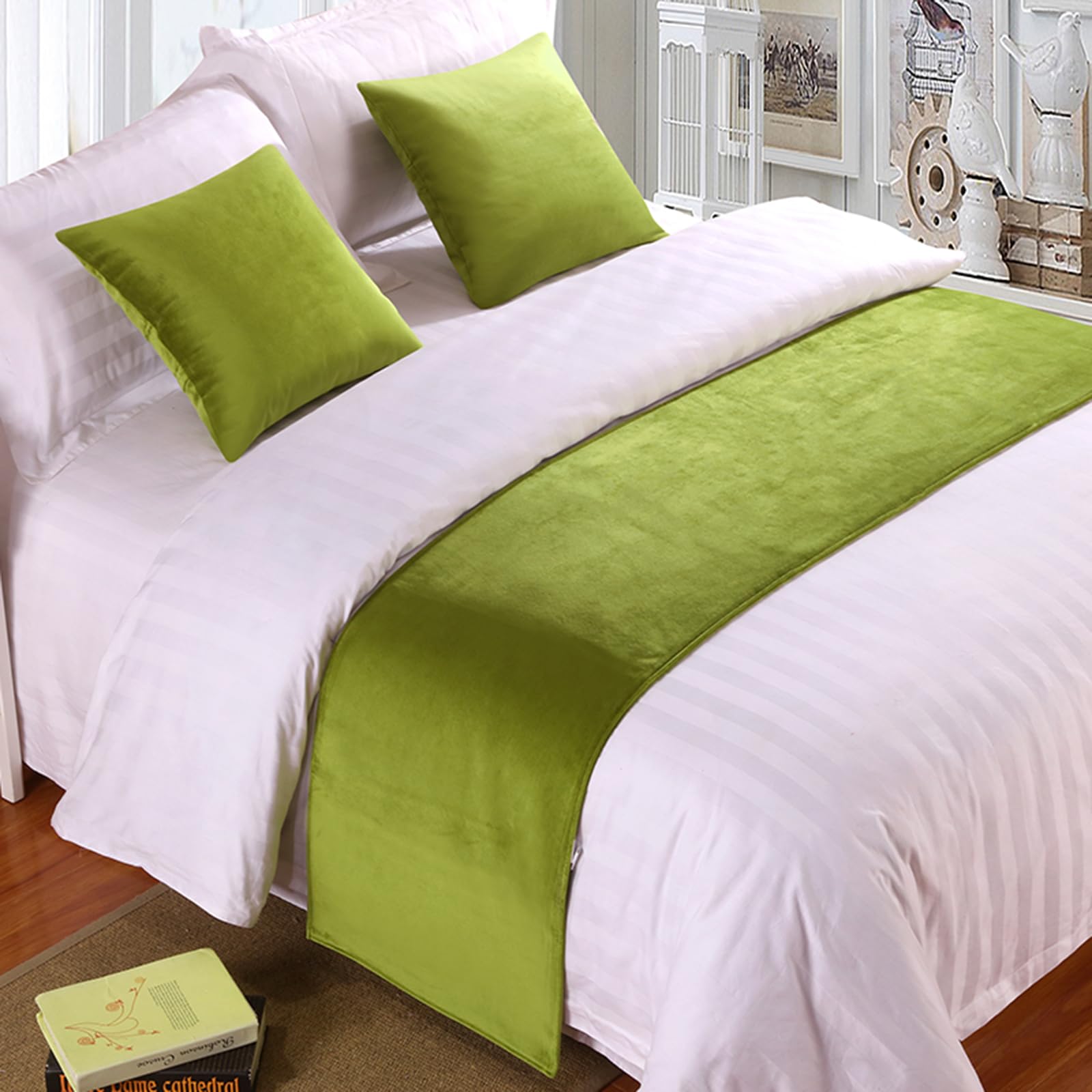 Qrgmkl Mustard Green Premium Velvet Bed Runners Bedspread, Soft No Fading Bed Scarf Runner For Bedroom Wedding Room Home Hotel Bedding Decorations-||2 Pillowcases(45X45cm)