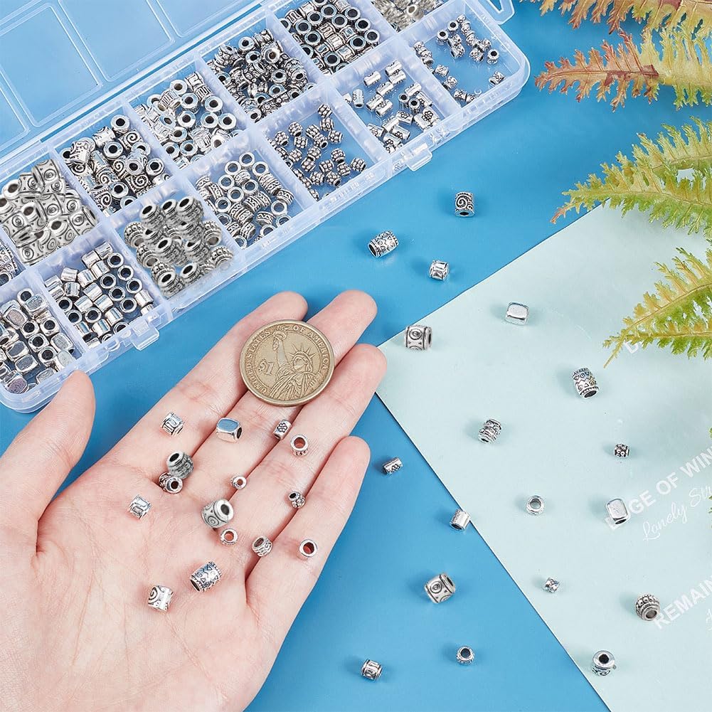 PH PandaHall 405pcs Tibetan Antique Silver Spacer Beads - 14 Style Round Metal Column Barrel Jewelry Alloy Loose Beads for Bracelets Necklace Earrings Making - Image 3