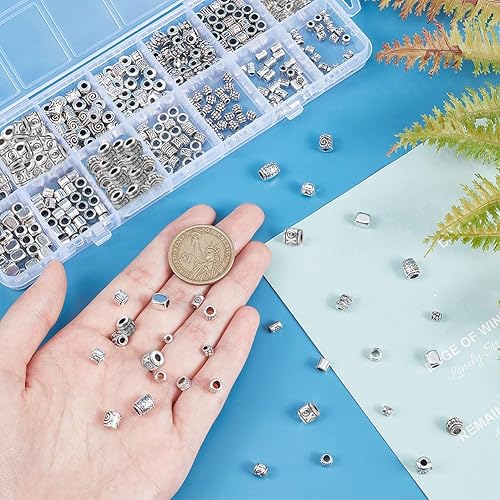 Miniatura 3 de PH PandaHall 405 cuentas espaciadoras tibetanas de plata antigua 14 estilos redondos de metal de barril, joyería de aleación suelta cuentas para