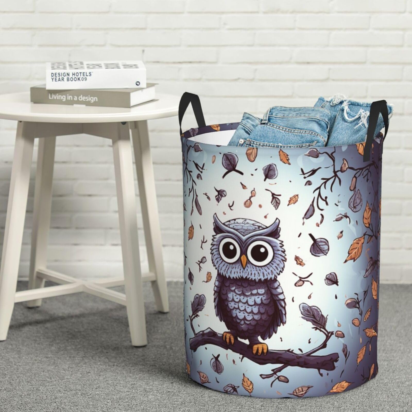 Fodpand Black Owl Tree Branches Laundry Basket With Handle, Freestanding Laundry Hamper, Collapsible Dirty Clothes Hamper, Waterproof Fabric Blanket Storage Basket Tall Toy Storage Bin Room Decor Small