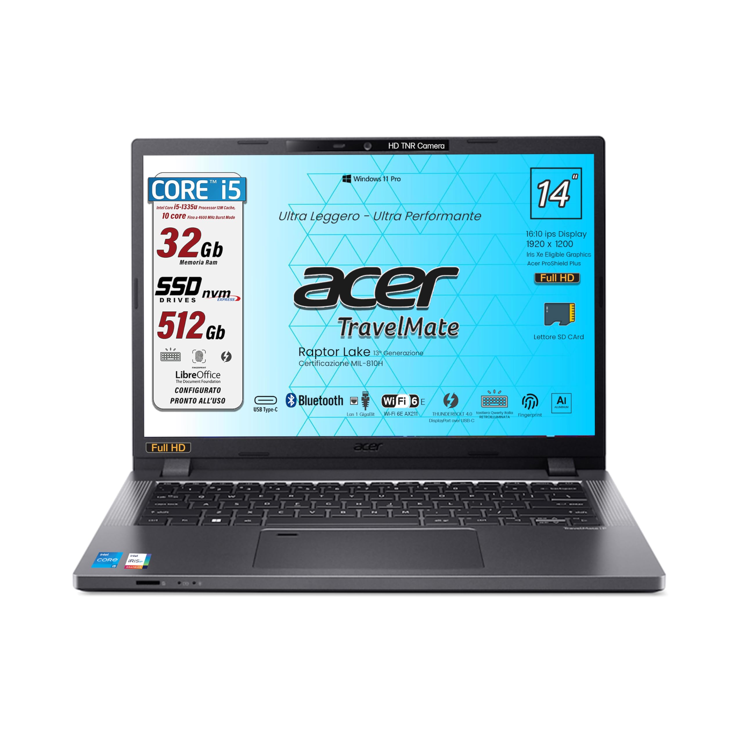 acer, notebook, Intel I5 1335u, Ram 32Gb, Display FHD+ WUXGA da 14" (1920x1200), SSD Pci 512Gb, Hdmi, Lan, Bt, Usb Thunderbolt 4.0, Fingerprint, Tastiera retroilluminata, Win 11Pro, preconfigurato