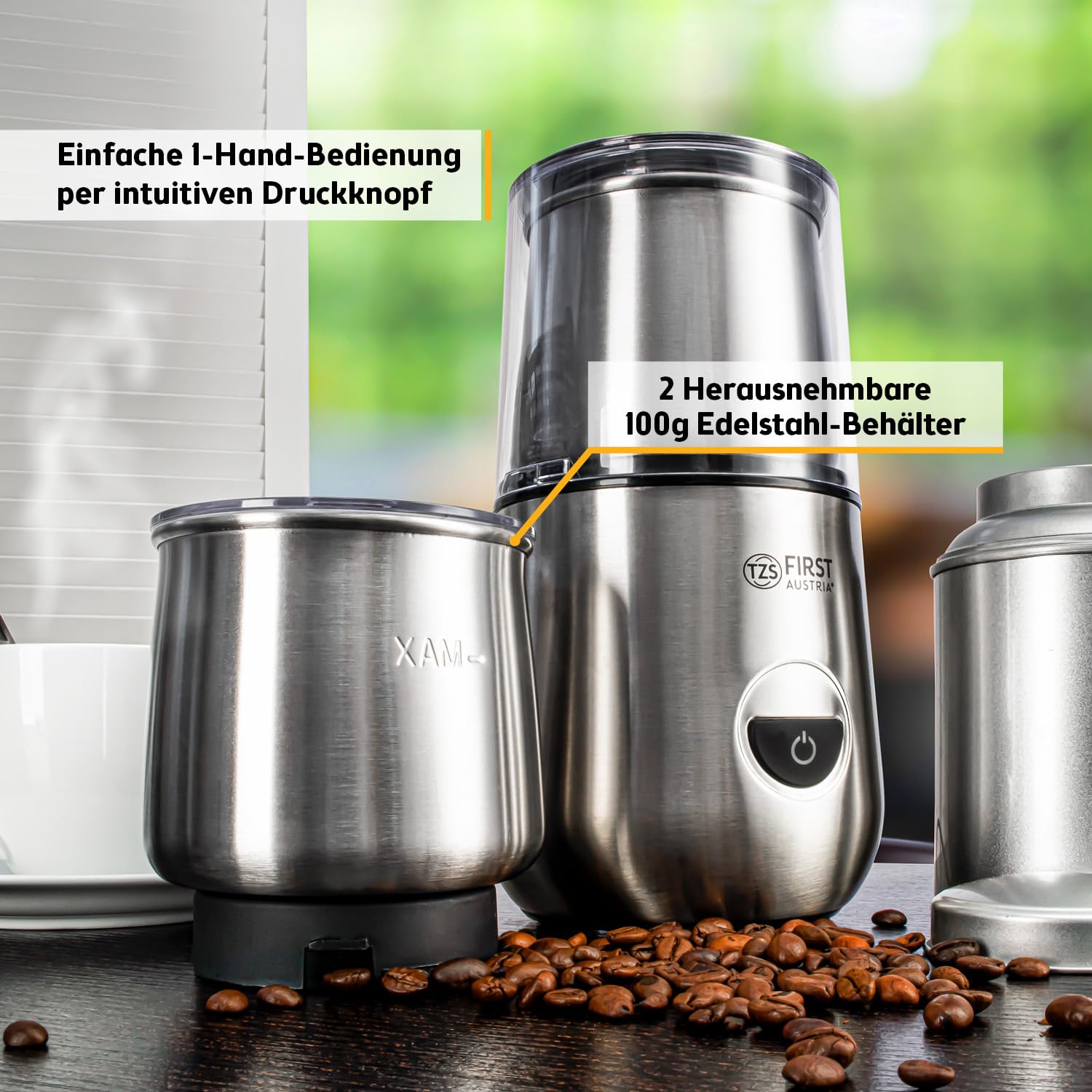 TZS First Austria - 2-in-1 Elektrische Kaffeemühle & Milchaufschäumer - 200W - 2 Edelstahlschalen 50g/100ml - 2 Geschwindigkeitsstufen - Für Kaffeebohnen, Gewürzen & Nüssen - Silber