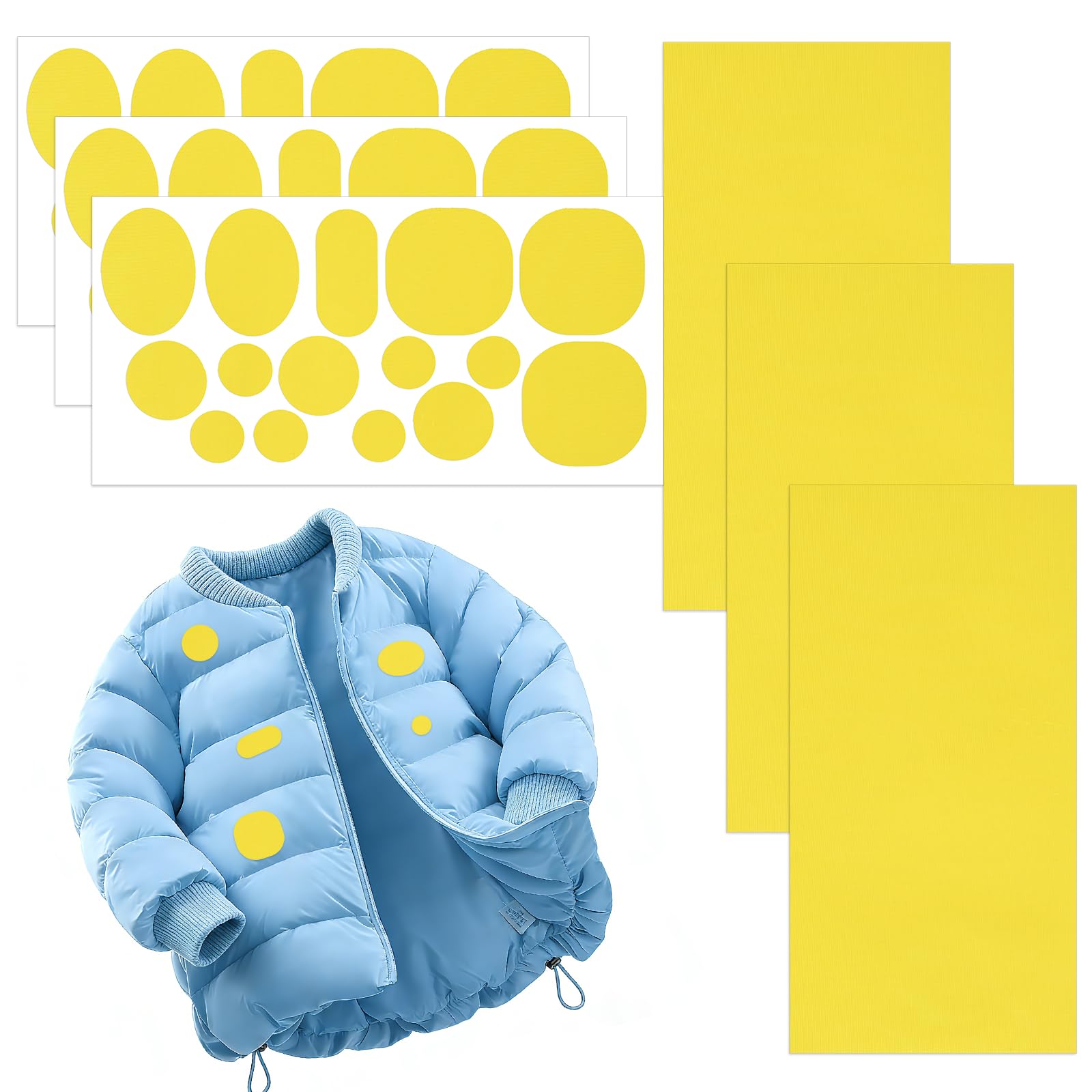 TAIANJI 6 Blatt Daunenjacke Reparaturflicken Nylon, 48 Stück Flicken Selbstklebend Wasserdicht Reparatur für Daunenjacke, Oberbekleidung (Gelb)