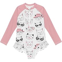 CaTaKu Girls Rash Guard Swimsuit Long Sleeve One Piece Bathing Suit UPF 50+ Toddler Kids Zipper Ruffle Swimwear 3-12Y