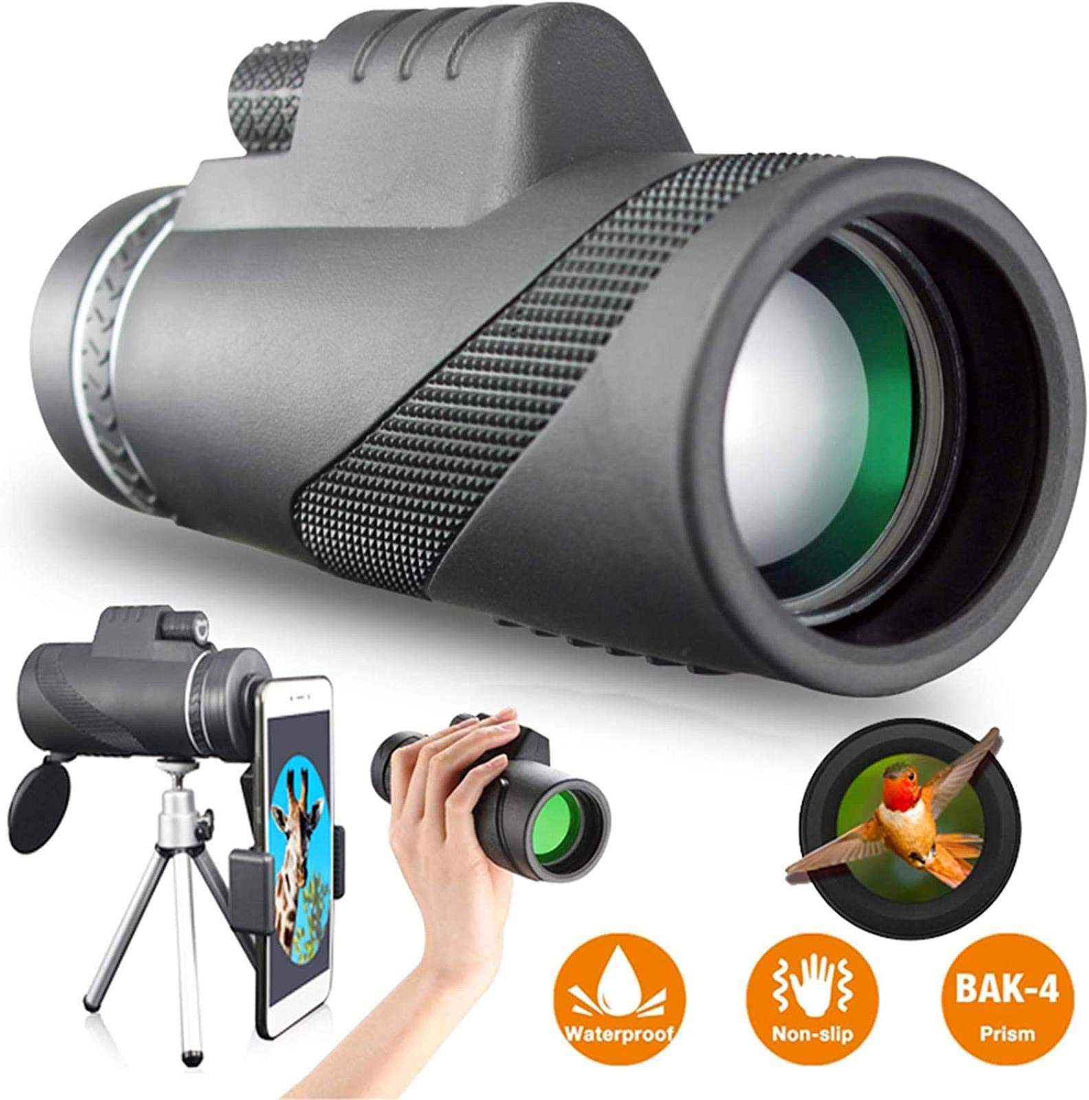 Monokular HD 40×60 High BAK-4 z uchwytem na smartfona i statywem, wodoodporny teleskop z zoomem, luneta noktowizyjna do obserwacji ptaków, polowań, biwakowania, do wewnąt