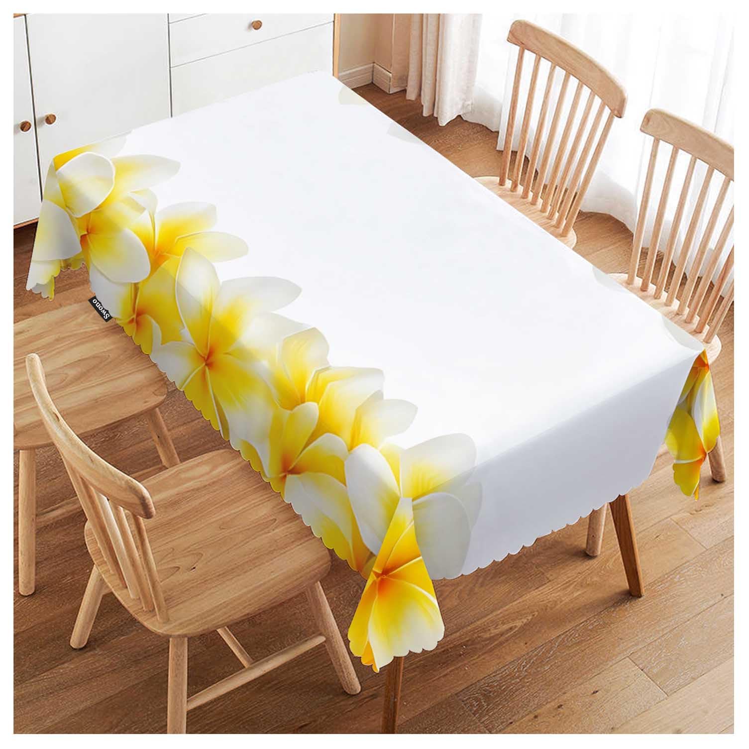 FJQWKLF White Flowers Tablecloth Tropical Blossom Plumeria Flowers Rectangle Table Cloth Washable Plaid Table Cover for Kitchen Holiday Dinner, 52x 70 Inch Tablecloth